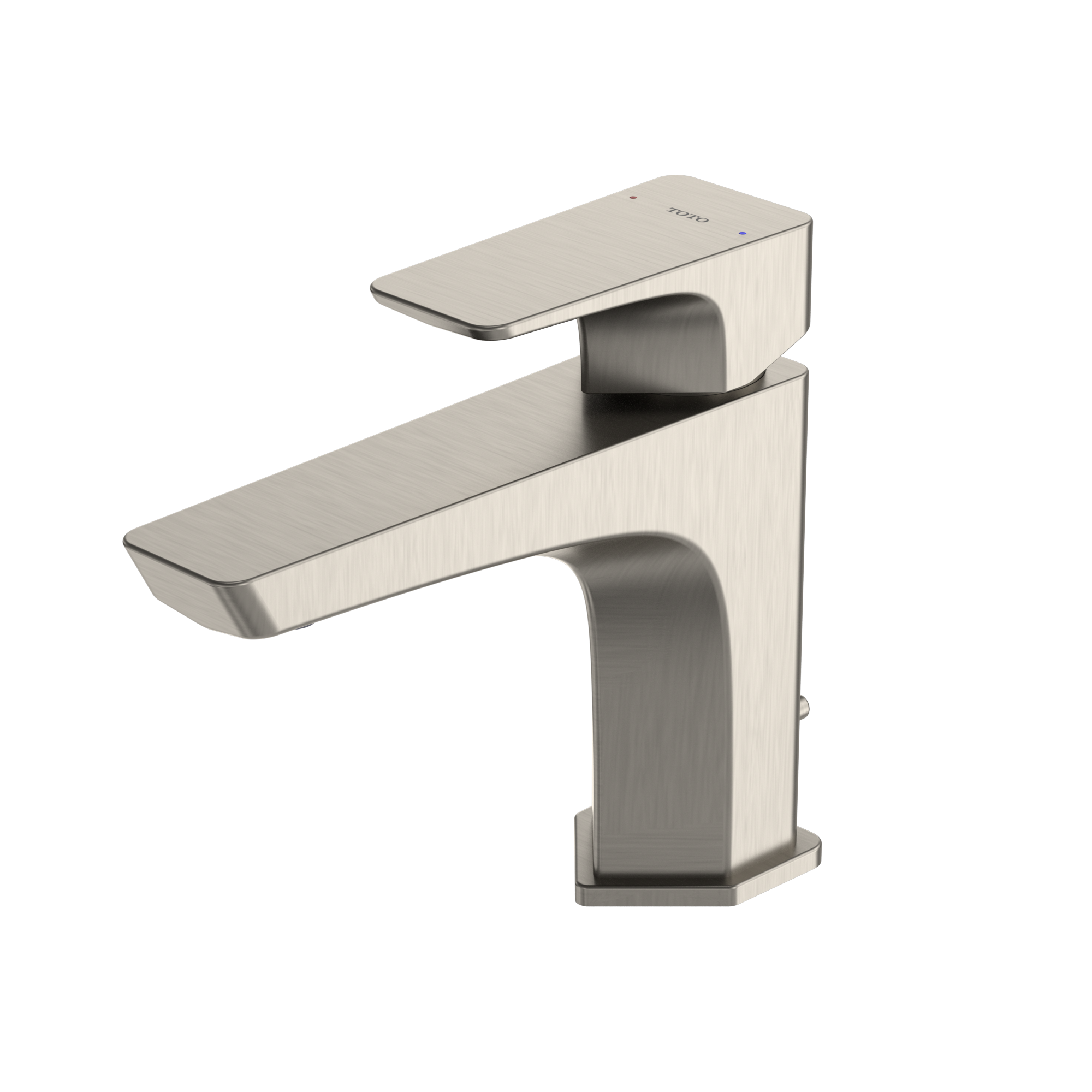 Brushed nickel single-handle bathroom sink faucet with curved spout and rectangular lever handle.