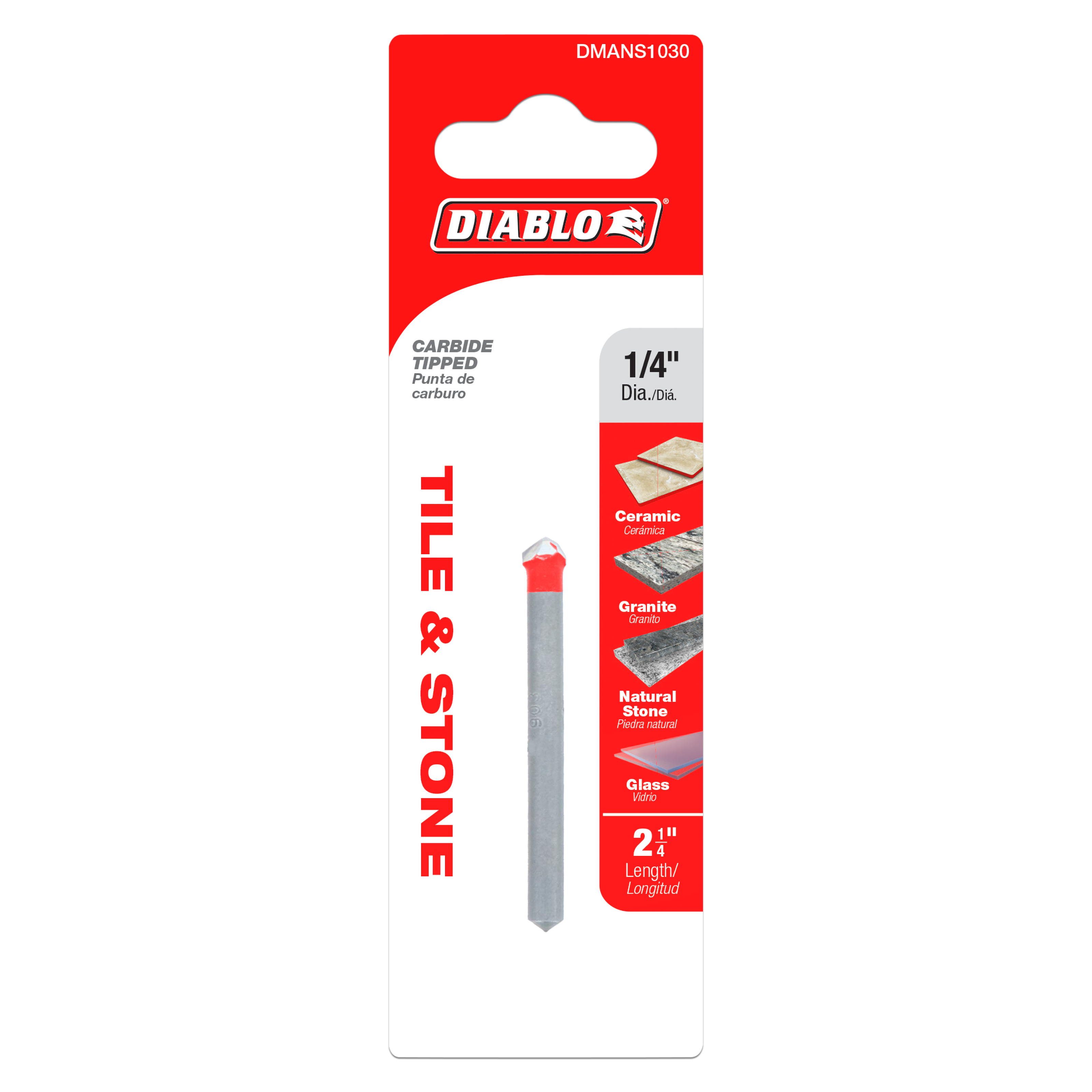 1/4 inch carbide tipped drill bit for tile and stone with red tip, shown on red and white packaging card.