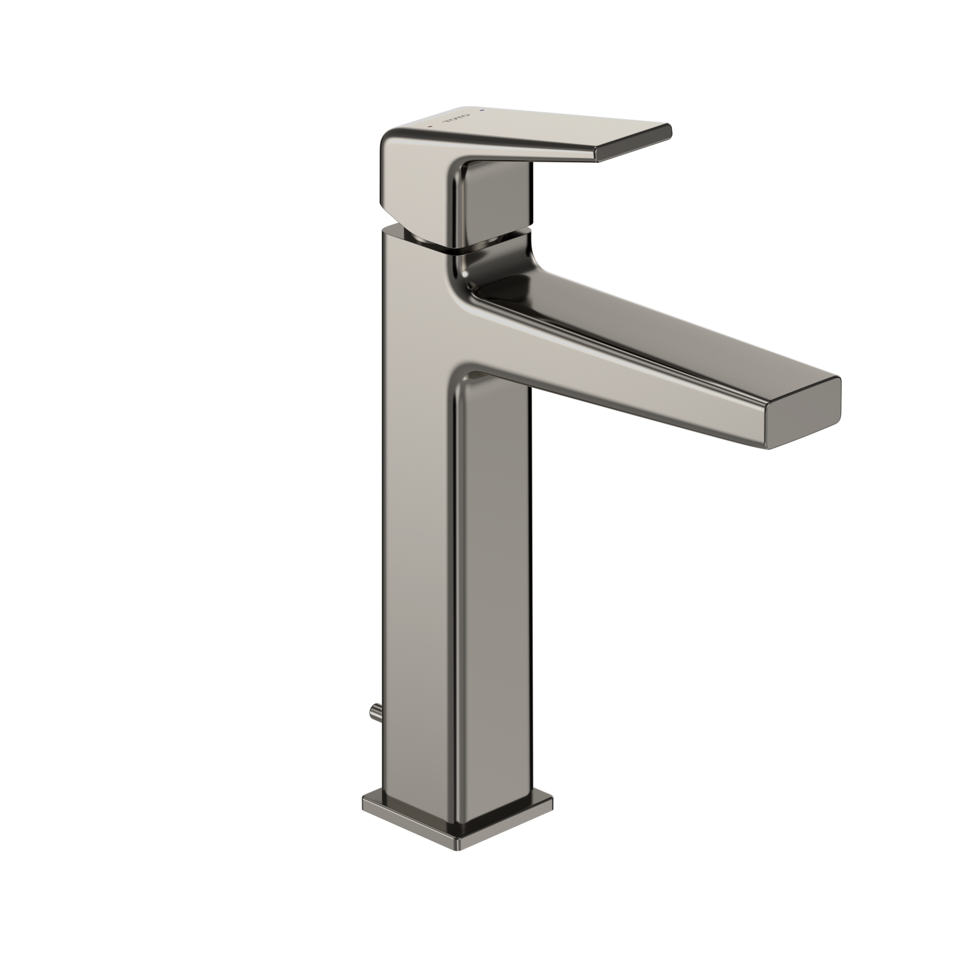 Polished nickel single-handle bathroom sink faucet with tall square base and rectangular spout.