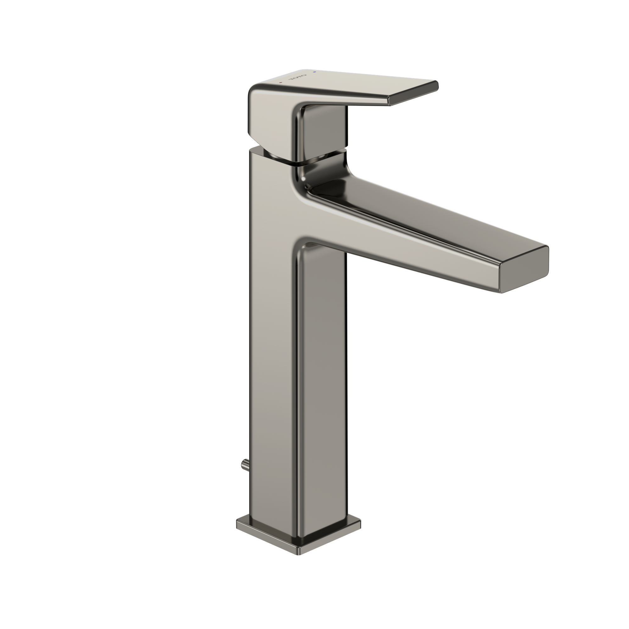 Polished nickel single-handle bathroom sink faucet with tall square base and rectangular spout.