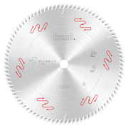Freud 355mm circular saw blade with white carbide teeth and red wavy markings around the perimeter.
