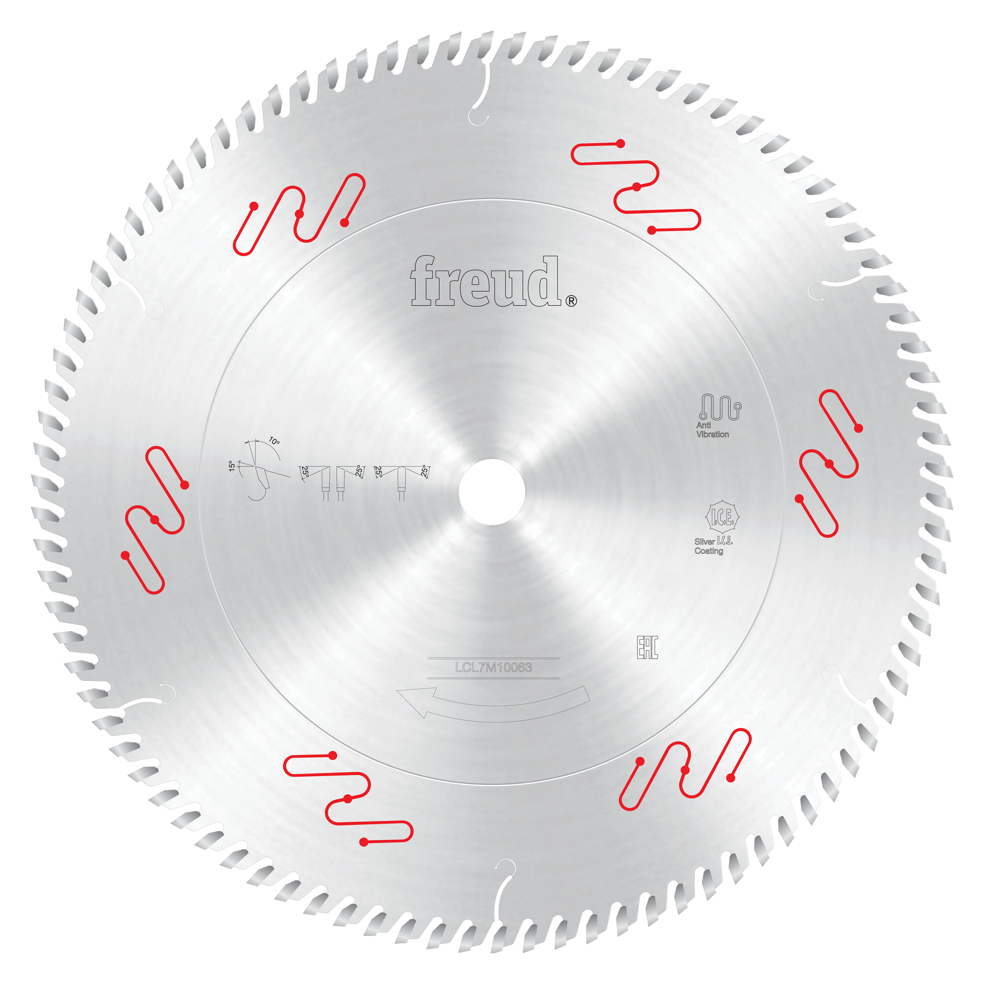 Freud 355mm circular saw blade with white carbide teeth and red wavy markings around the perimeter.