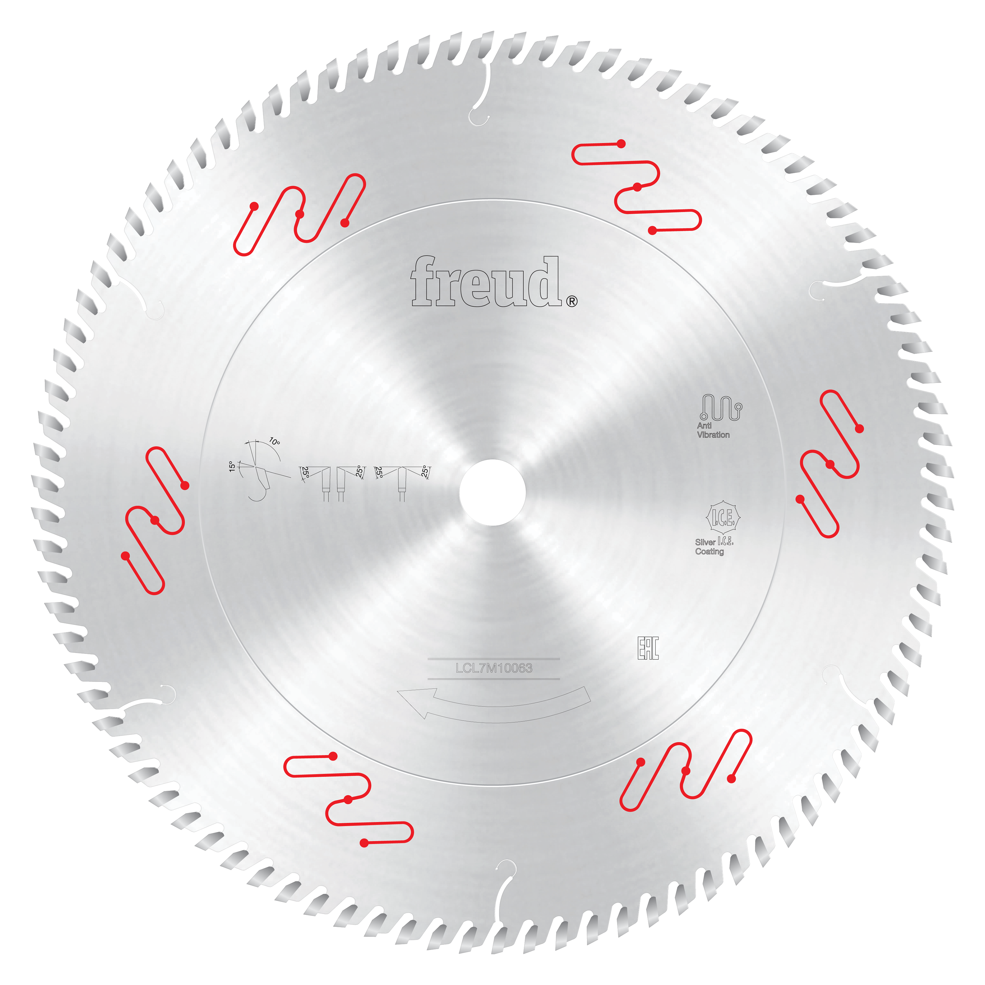 Freud 355mm circular saw blade with white carbide teeth and red wavy markings around the perimeter.