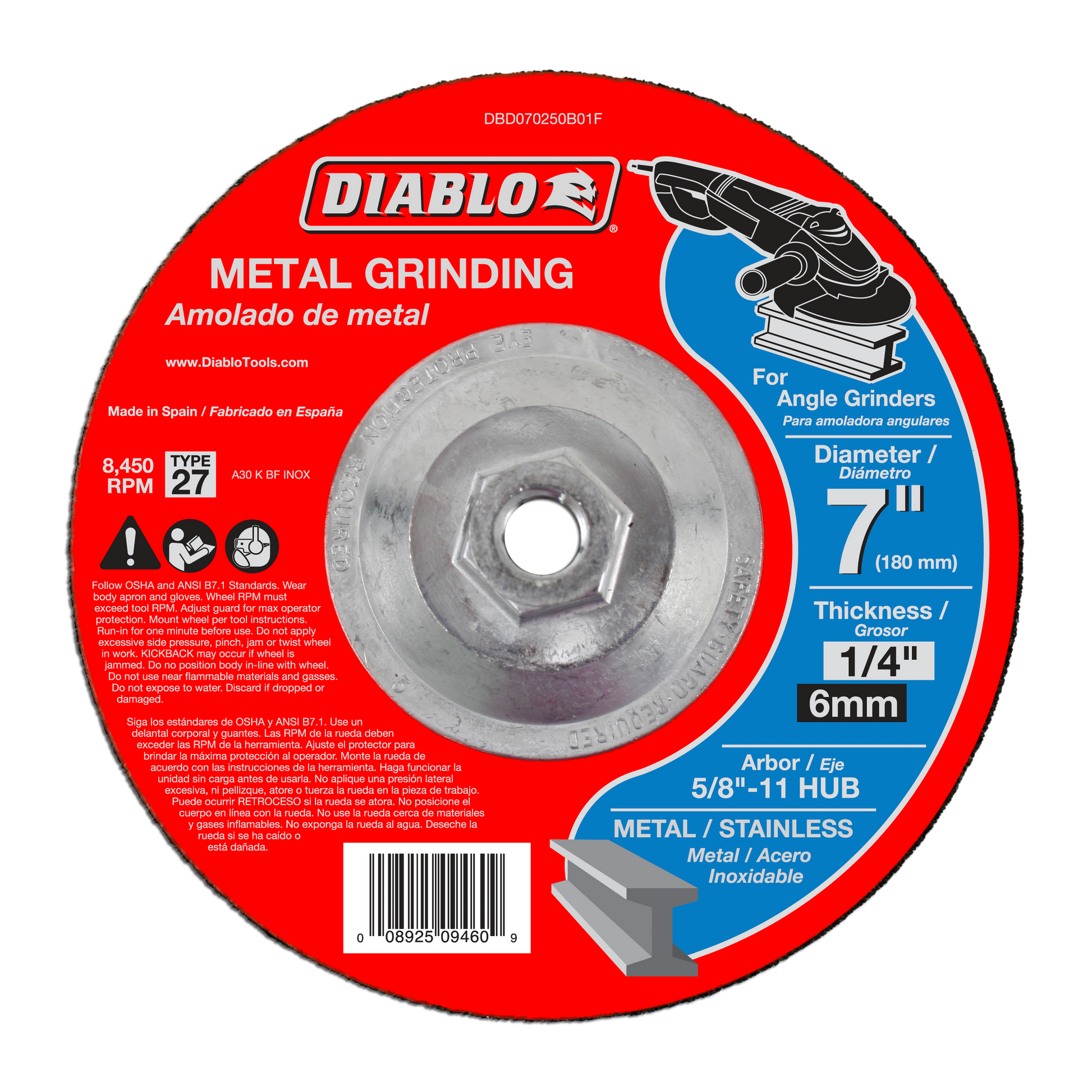 7 inch diameter metal grinding disc with 5/8"-11 hub, 1/4 inch thickness, rated for angle grinders.