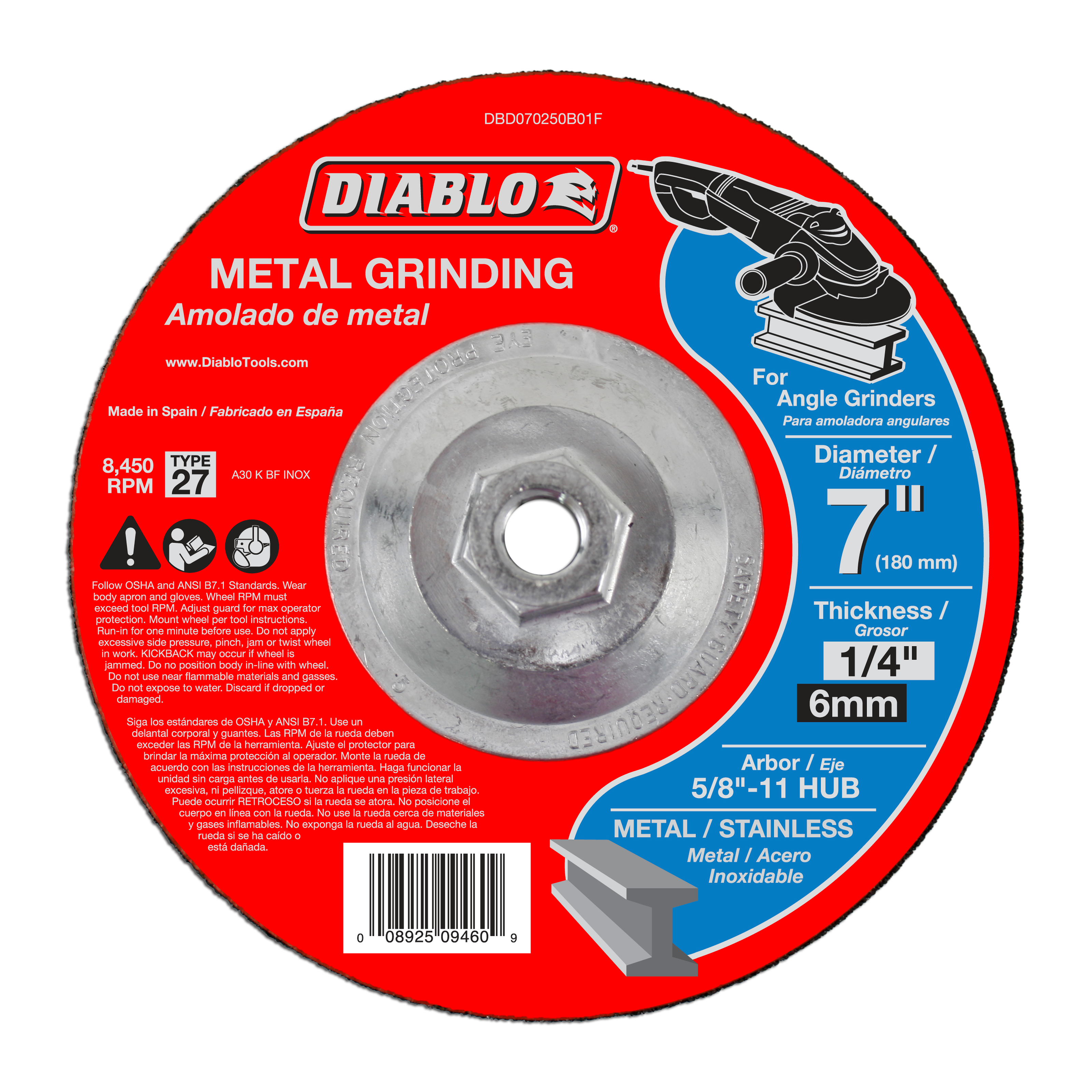 7 inch diameter metal grinding disc with 5/8"-11 hub, 1/4 inch thickness, rated for angle grinders.