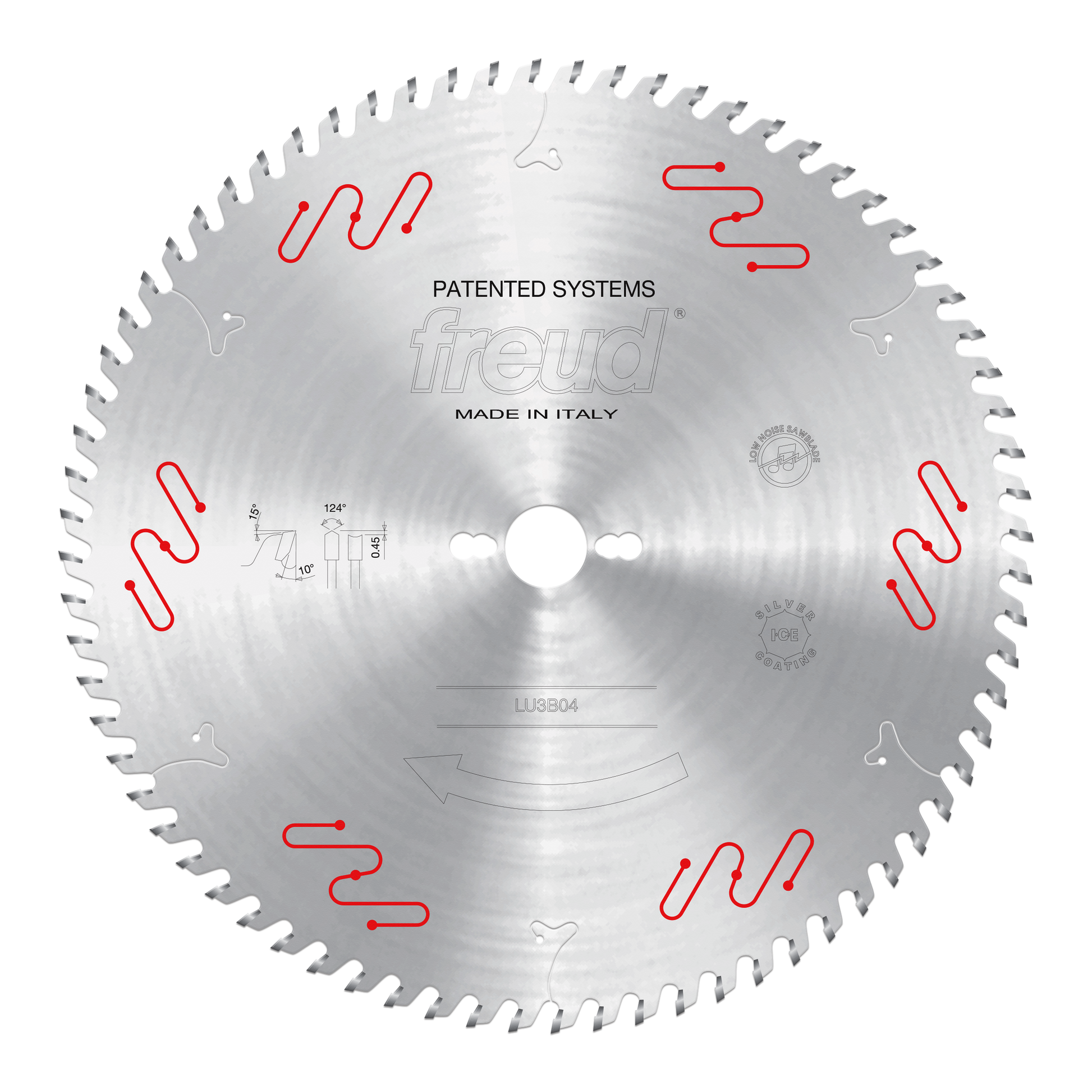 Circular saw blade with silver finish, white center hole, red patented tooth design markings, and "Freud" branding, made in I