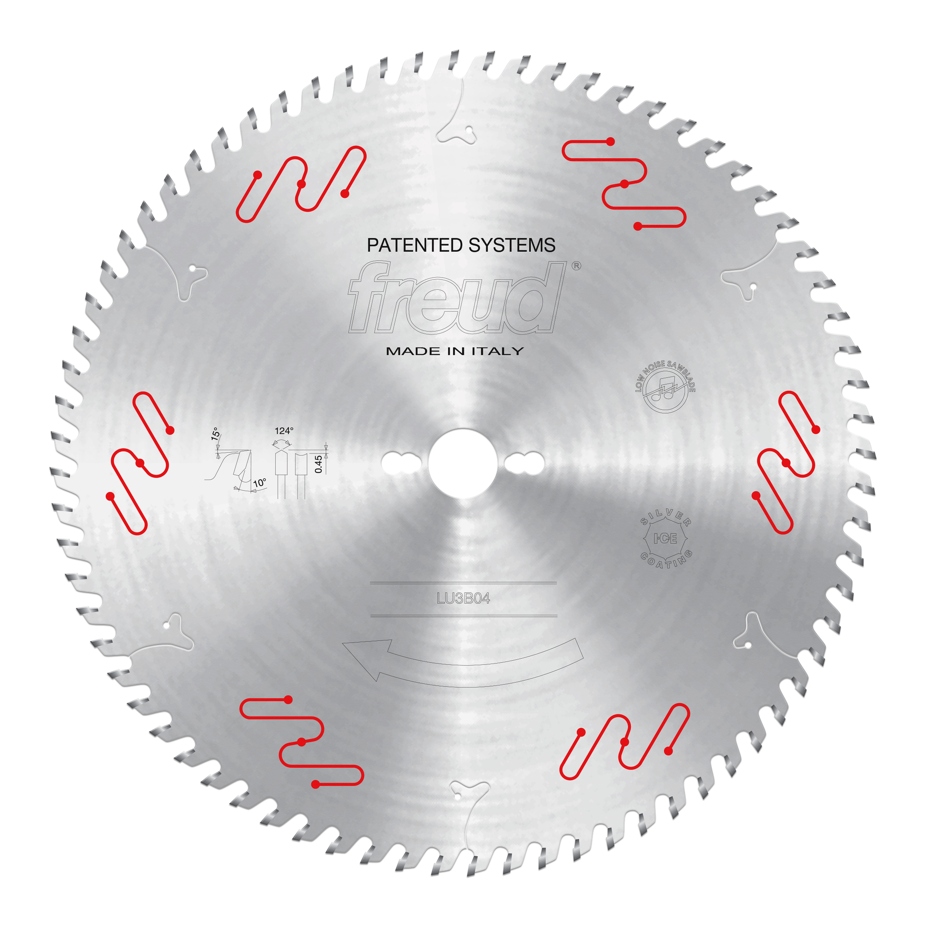 Circular saw blade with silver finish, white center hole, red patented tooth design markings, and "Freud" branding, made in I