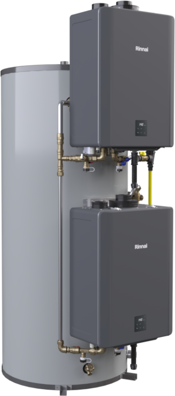Rinnai hybrid water heating system with vertical gray tanks, storage tank, and brass piping connections.