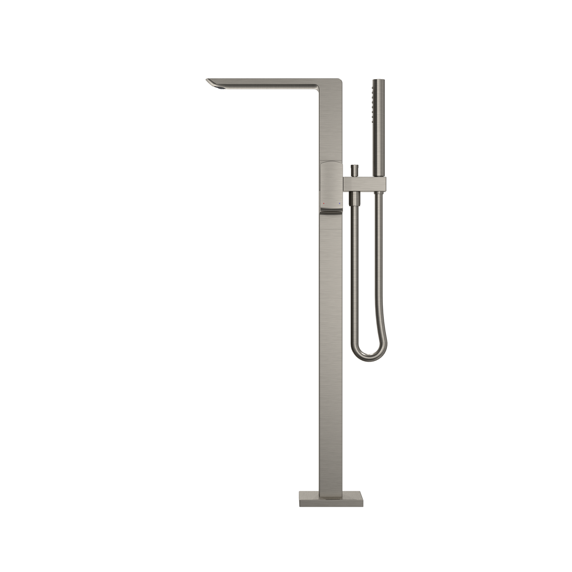 Brushed nickel freestanding tub filler with single handle, spout, and detachable handshower on hose.