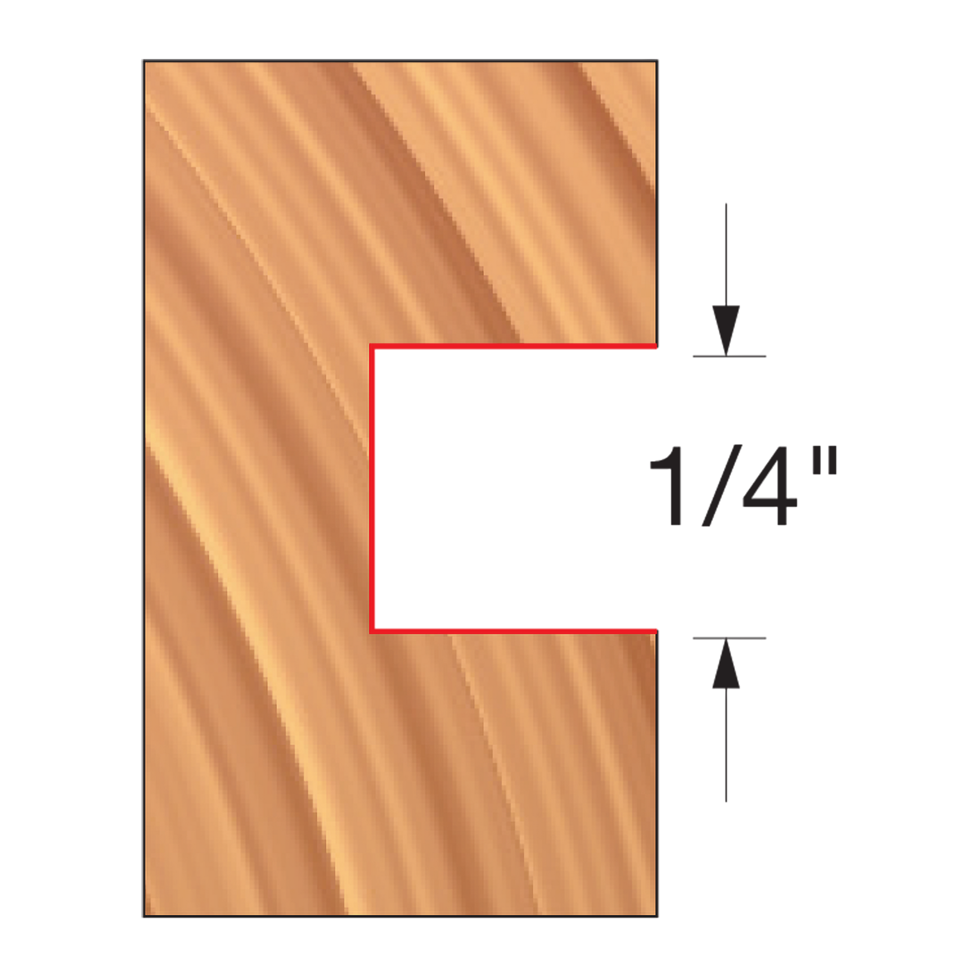 Groover bit with 1/4" wide groove profile shown on wood sample with dimension marking.