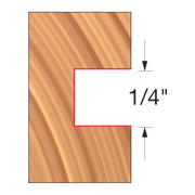 Wood sample showing a 1/4" wide groove cut profile with red outline indicating the groove depth.