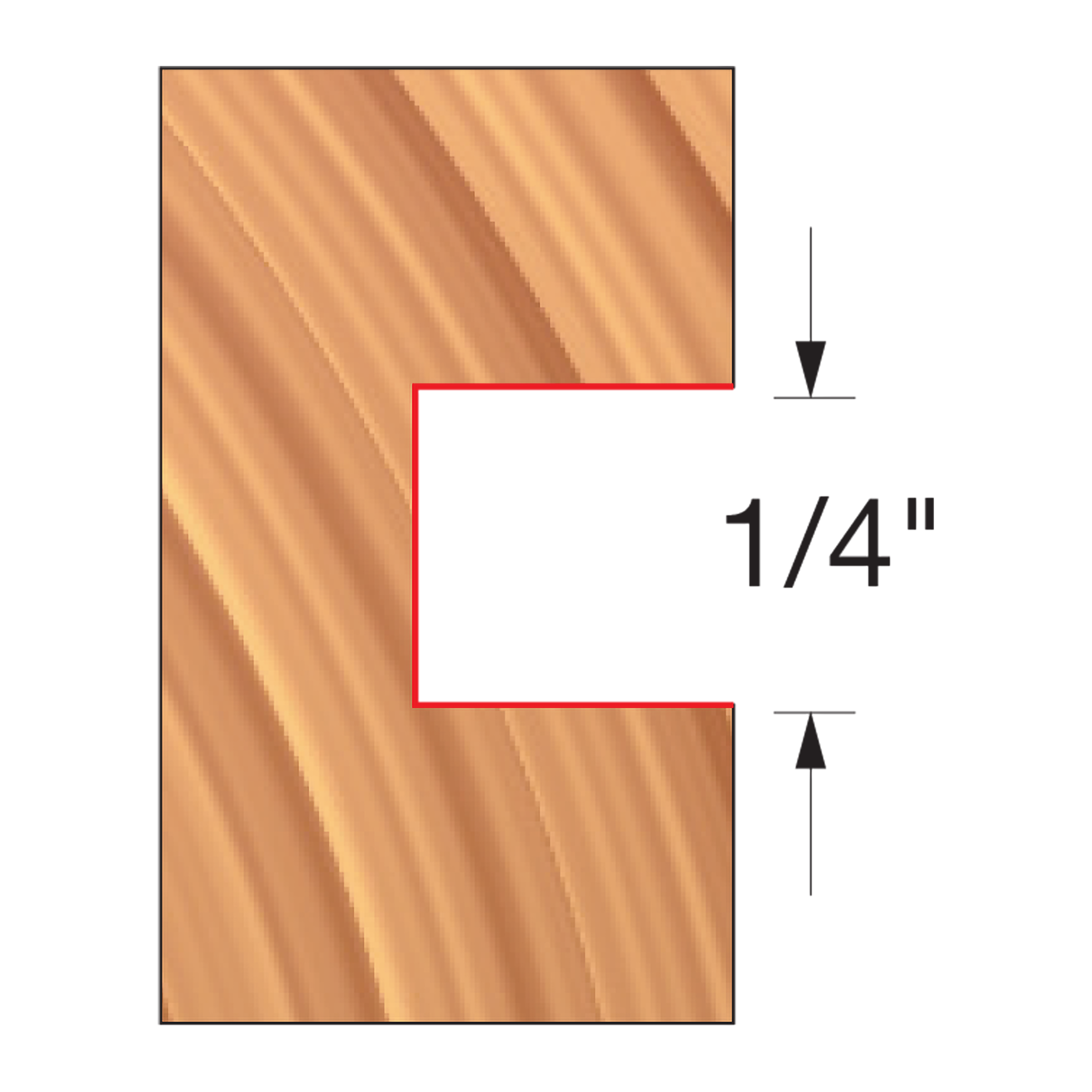 Wood sample showing a 1/4" wide groove cut profile with red outline indicating the groove depth.