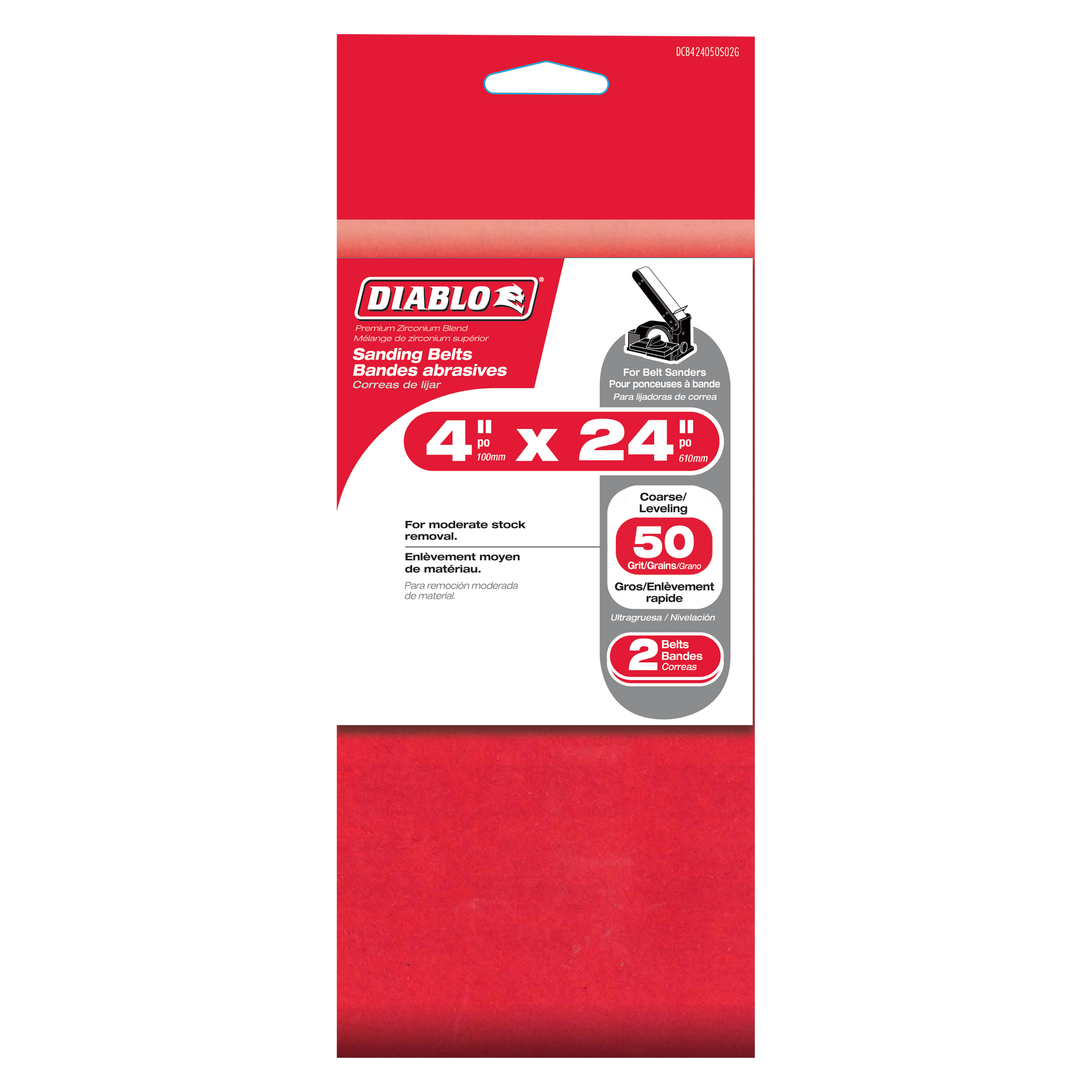 Two Diablo 4" x 24" sanding belts with 50 grit abrasive in red packaging.