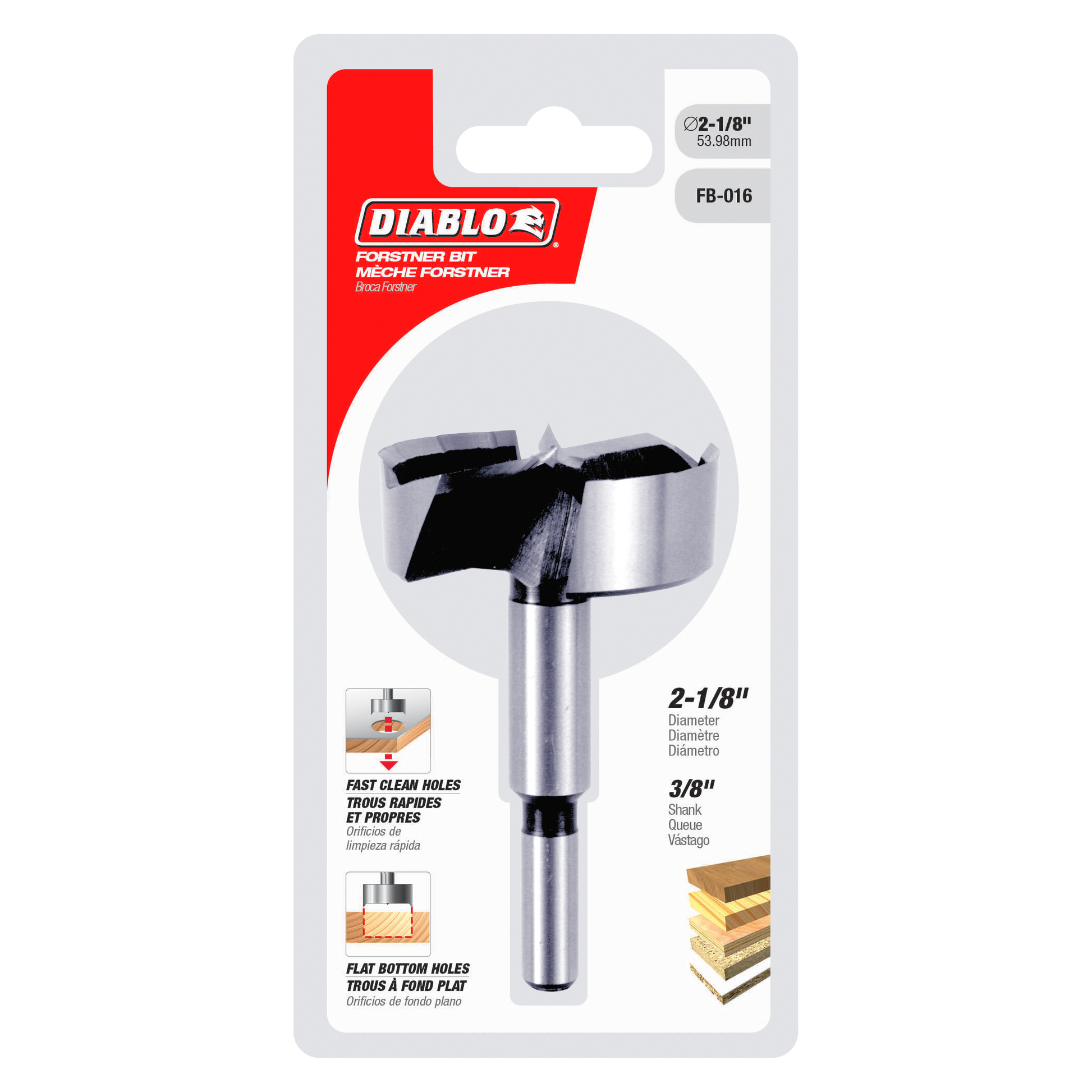 Diablo FB-016 Forstner bit with 2-1/8 inch diameter and 3/8 inch shank on blister card packaging.