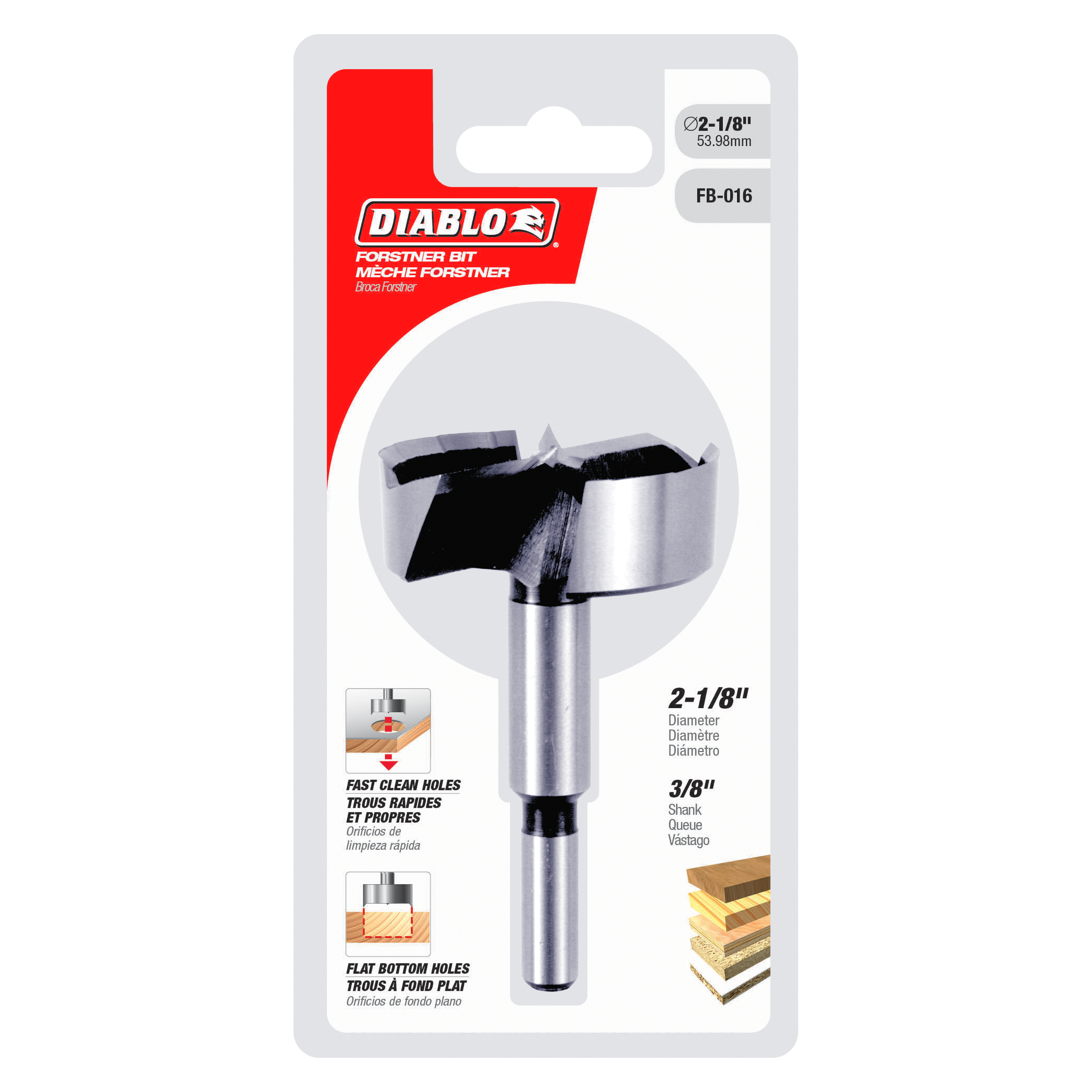 Diablo FB-016 Forstner bit with 2-1/8 inch diameter and 3/8 inch shank on blister card packaging.