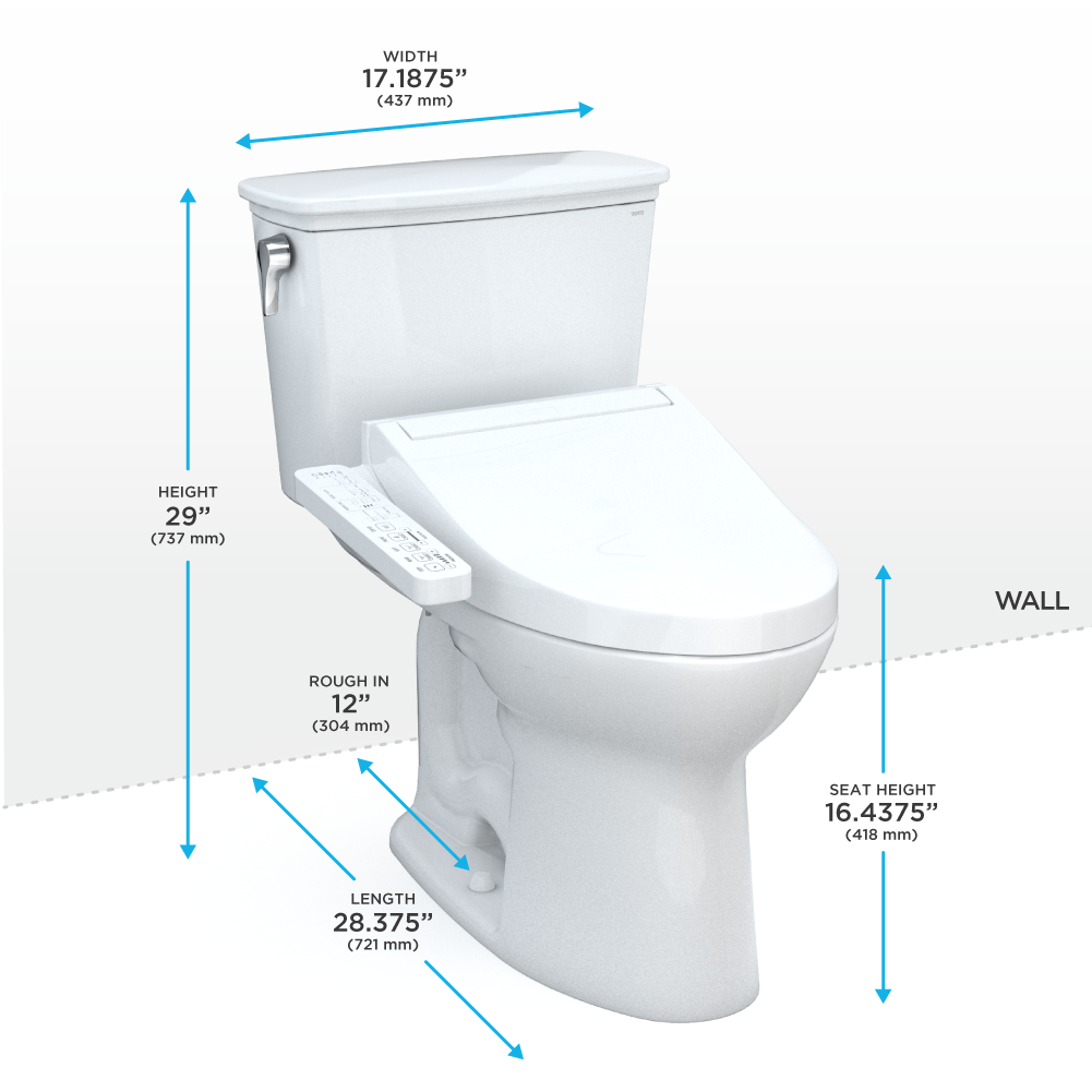White two-piece elongated toilet with attached bidet seat, shown with dimension measurements including 29" height, 28.375" le