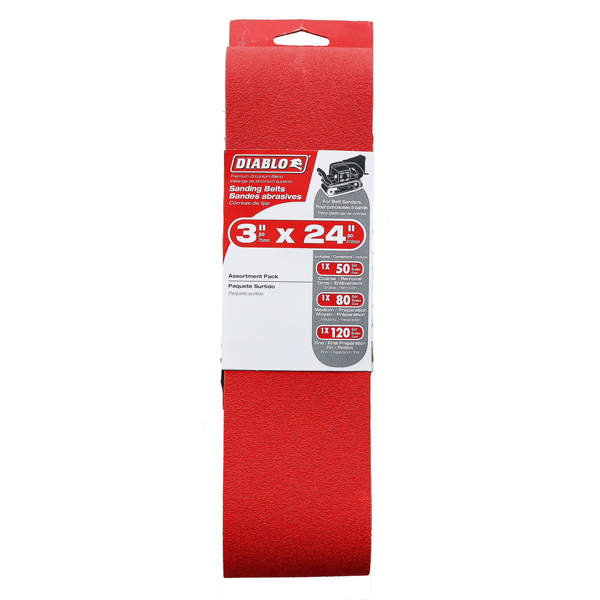 Three red sanding belts, 3 inches by 24 inches, with assorted grit levels displayed on packaging.
