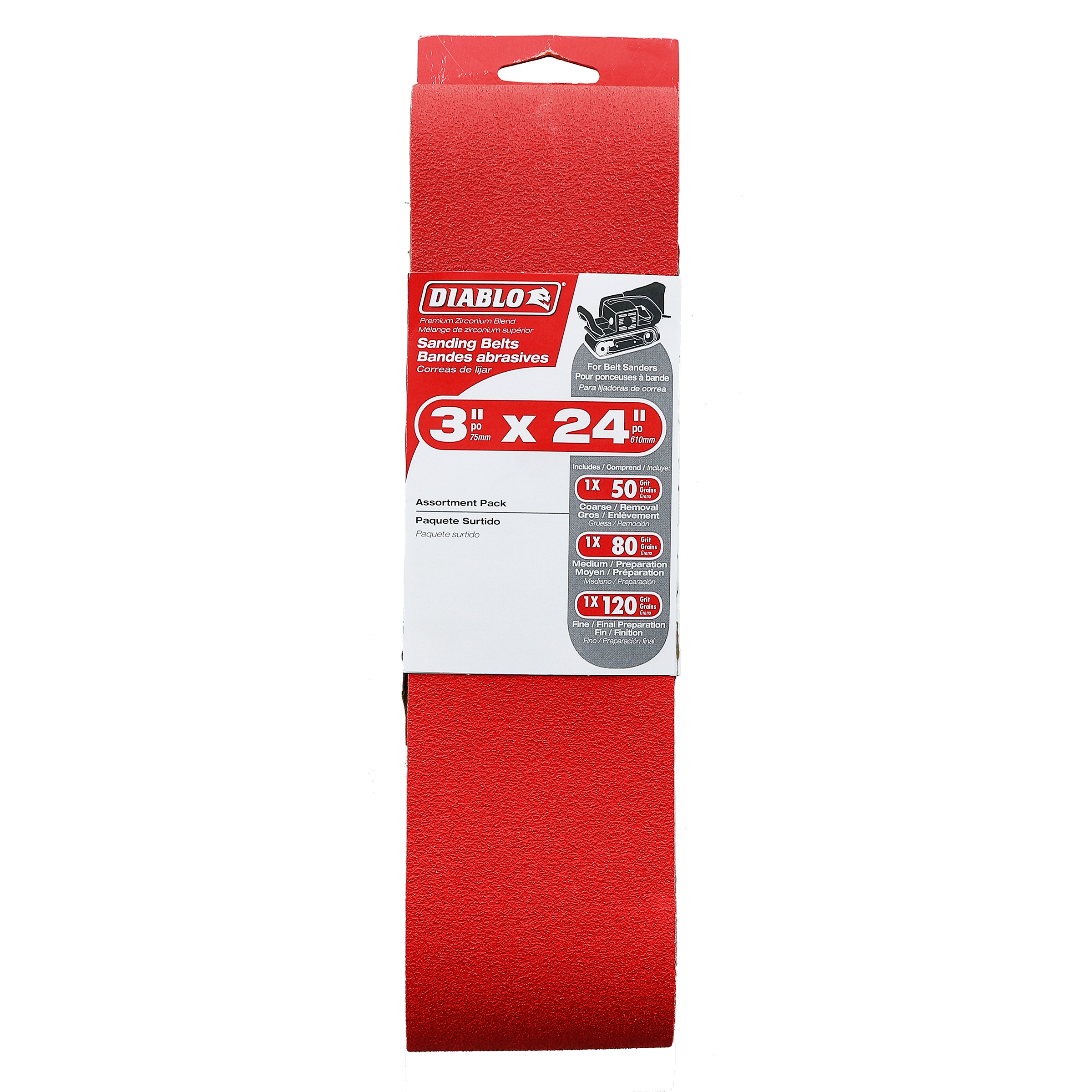 Three red sanding belts, 3 inches by 24 inches, with assorted grit levels displayed on packaging.