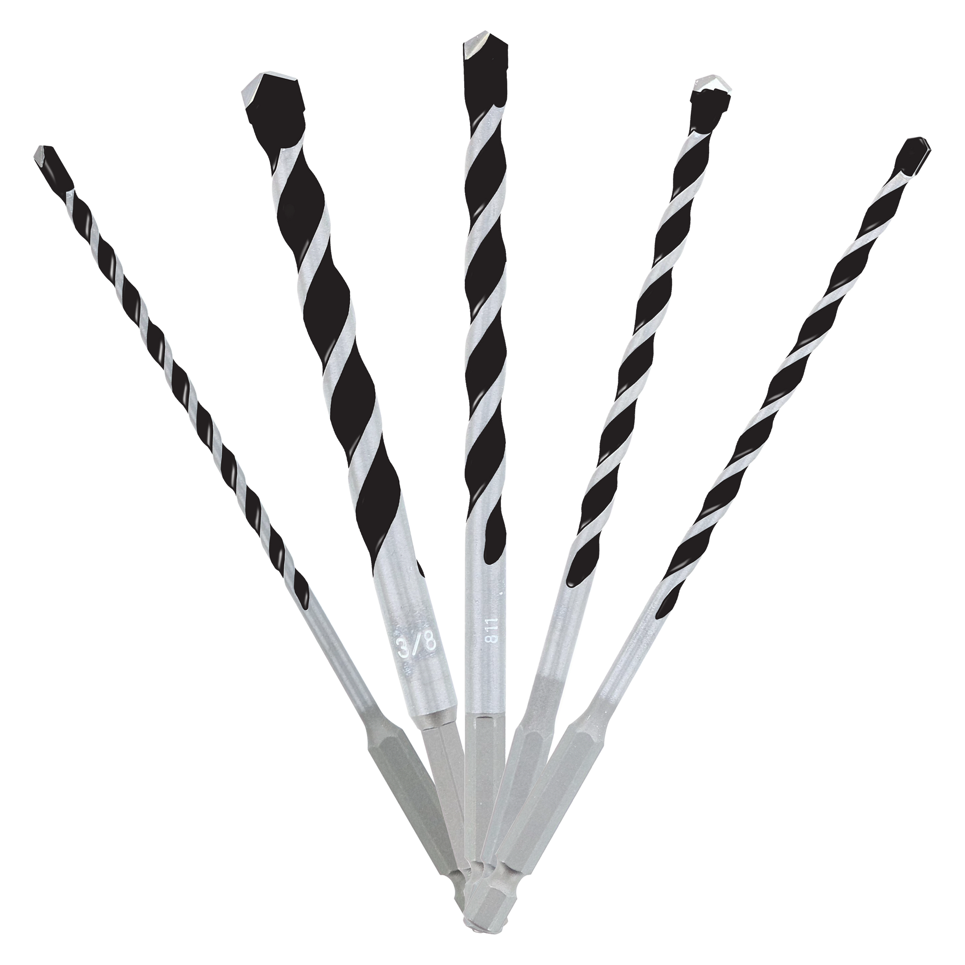 Five carbide-tipped hammer drill bits with black and silver twisted flutes in varying sizes.