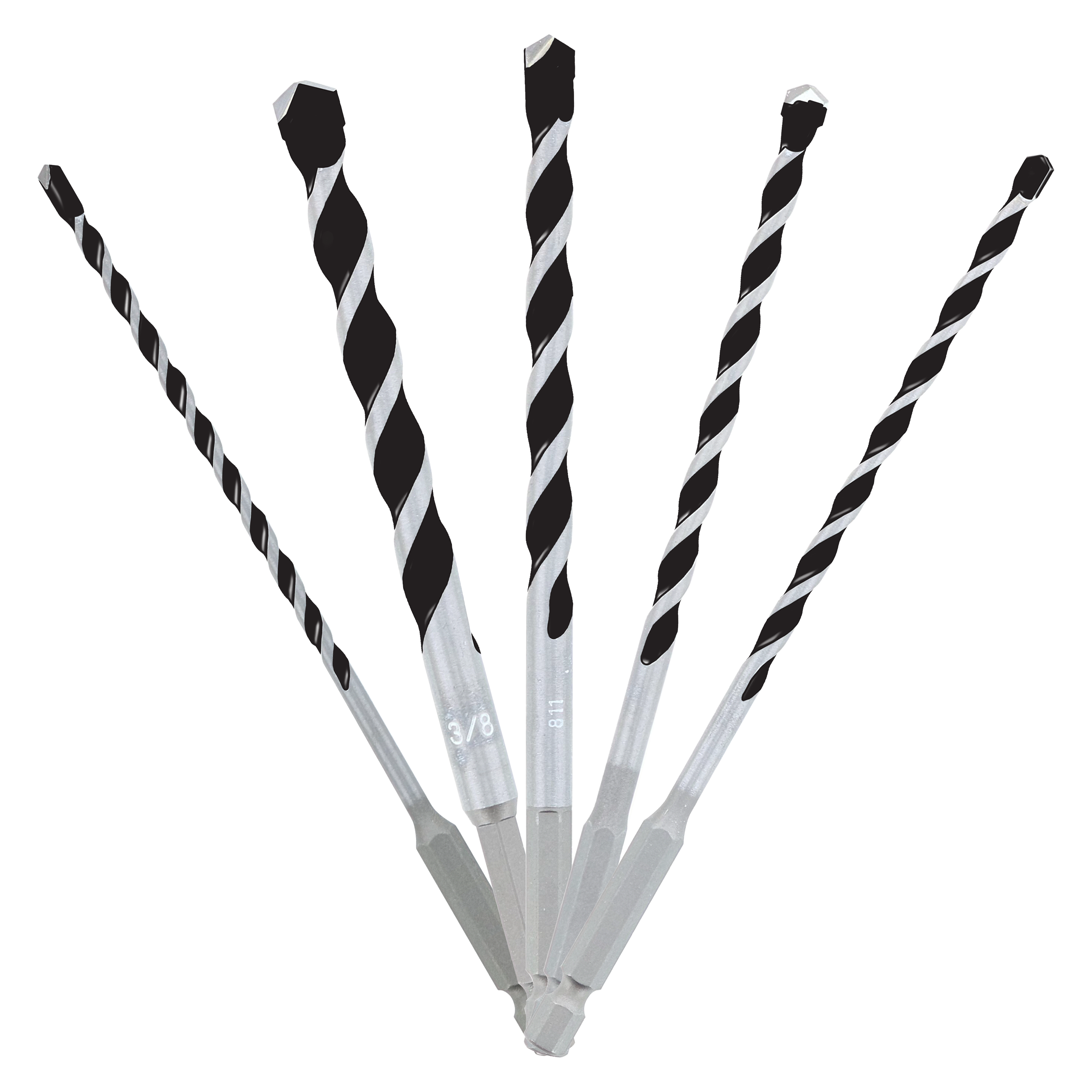 Five carbide-tipped hammer drill bits with black and silver twisted flutes in varying sizes.