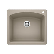 Truffle-colored single bowl drop-in sink with chrome drain strainer and faucet hole.