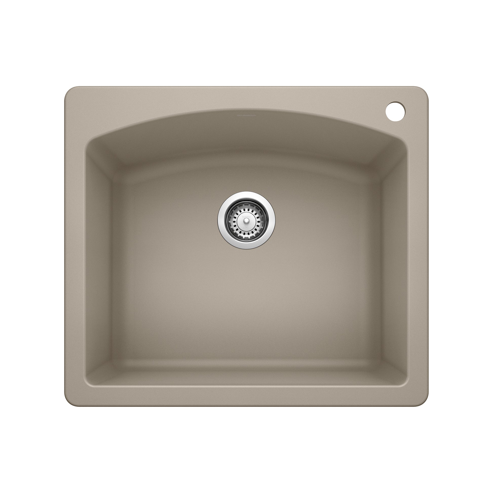 Truffle-colored single bowl drop-in sink with chrome drain strainer and faucet hole.
