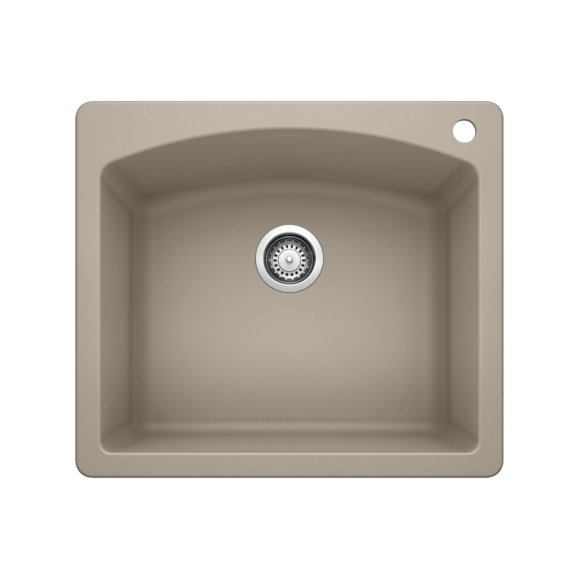 Truffle-colored single bowl drop-in sink with chrome drain strainer and faucet hole.