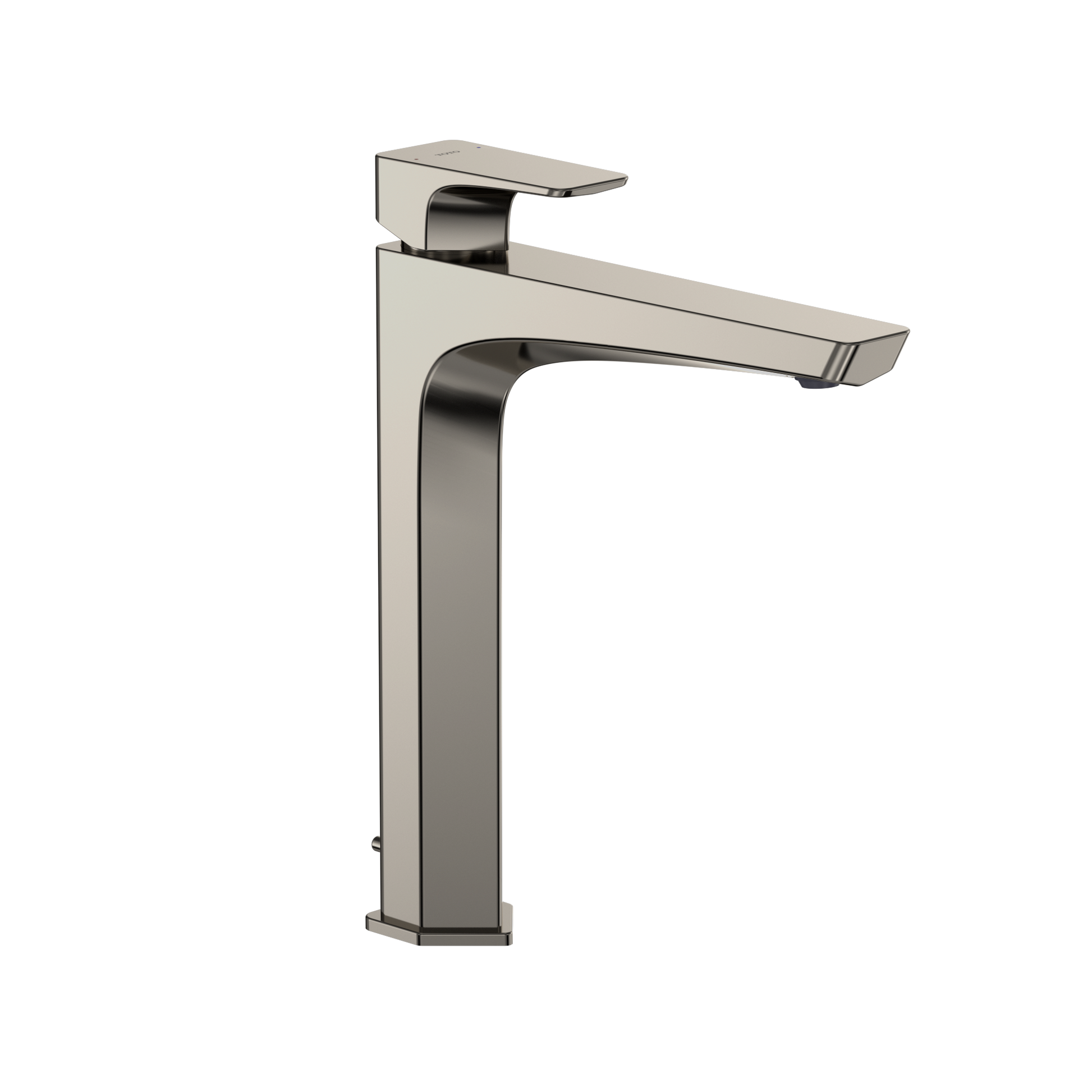 Brushed nickel wall-mount bathroom faucet with single handle and curved spout.
