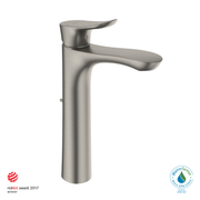 Brushed nickel single-handle bathroom sink faucet with curved spout and lever handle.