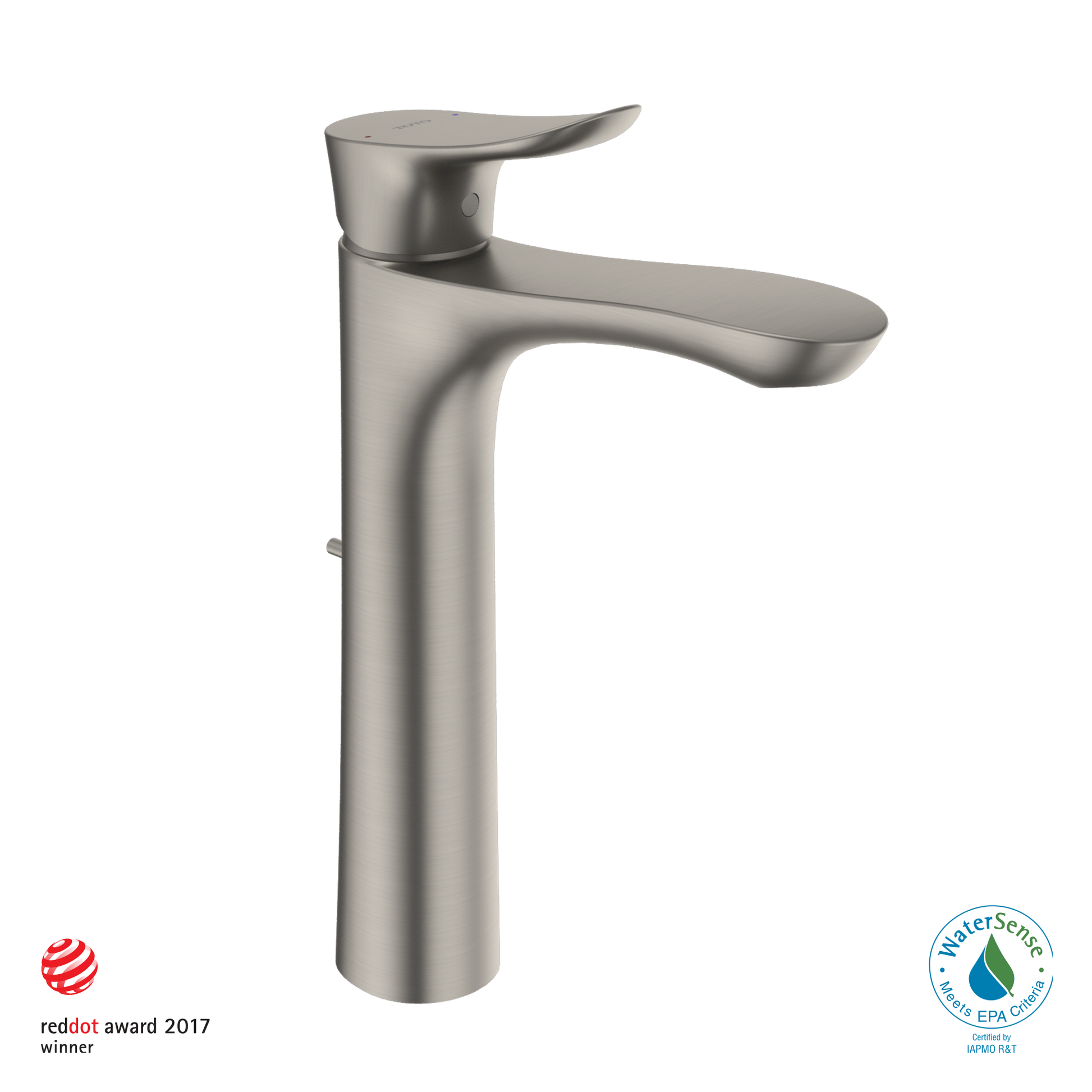 Brushed nickel single-handle bathroom sink faucet with curved spout and lever handle.
