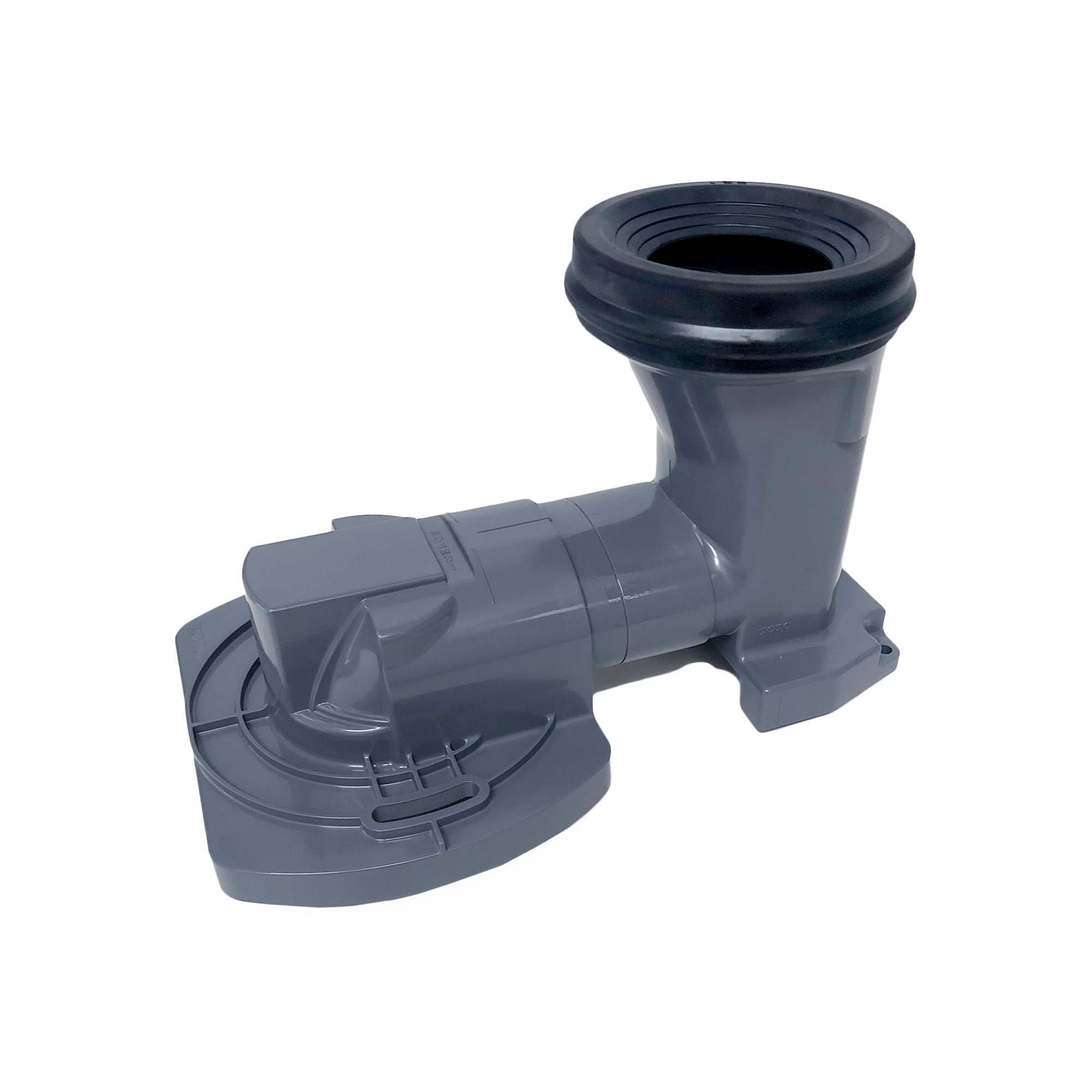 Gray plastic toilet trapway adapter with curved outlet connection and black rubber gasket ring on vertical pipe.