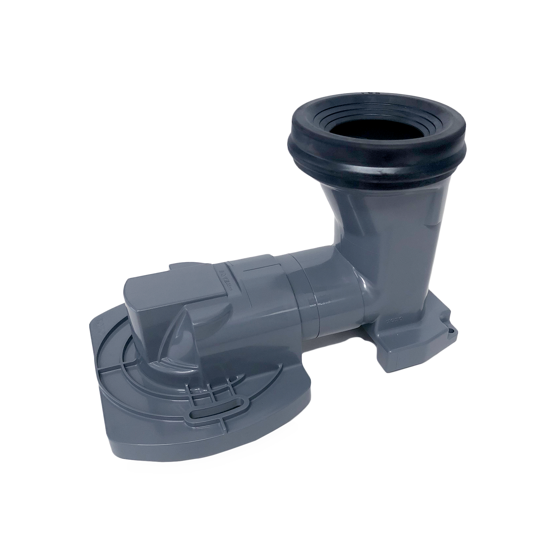 Gray plastic toilet trapway adapter with angled outlet and rubber seal ring on vertical section.