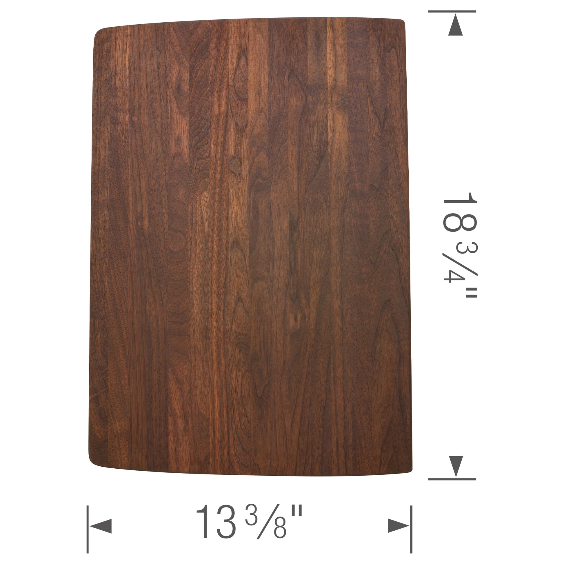 Brown wood cutting board with grain pattern, rounded corners, 13 3/8" width and 18 3/4" height.