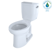 Cotton white two-piece elongated toilet with tank, lever handle on right side, and universal height bowl.