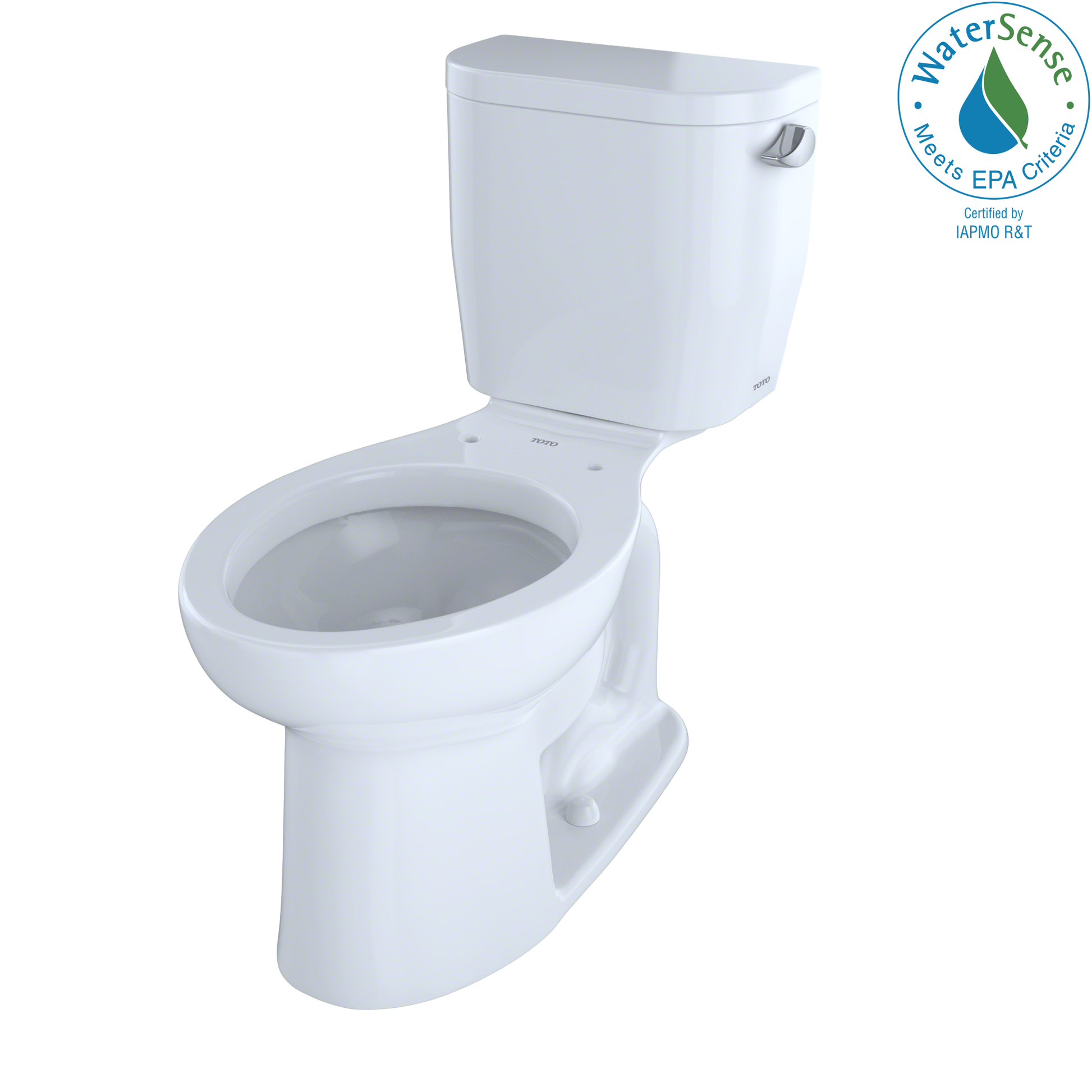 Cotton white two-piece elongated toilet with tank, lever handle on right side, and universal height bowl.