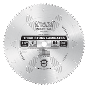 Freud 14" thick-stock laminate saw blade with 84 teeth, silver metal with markings and specifications printed on center label