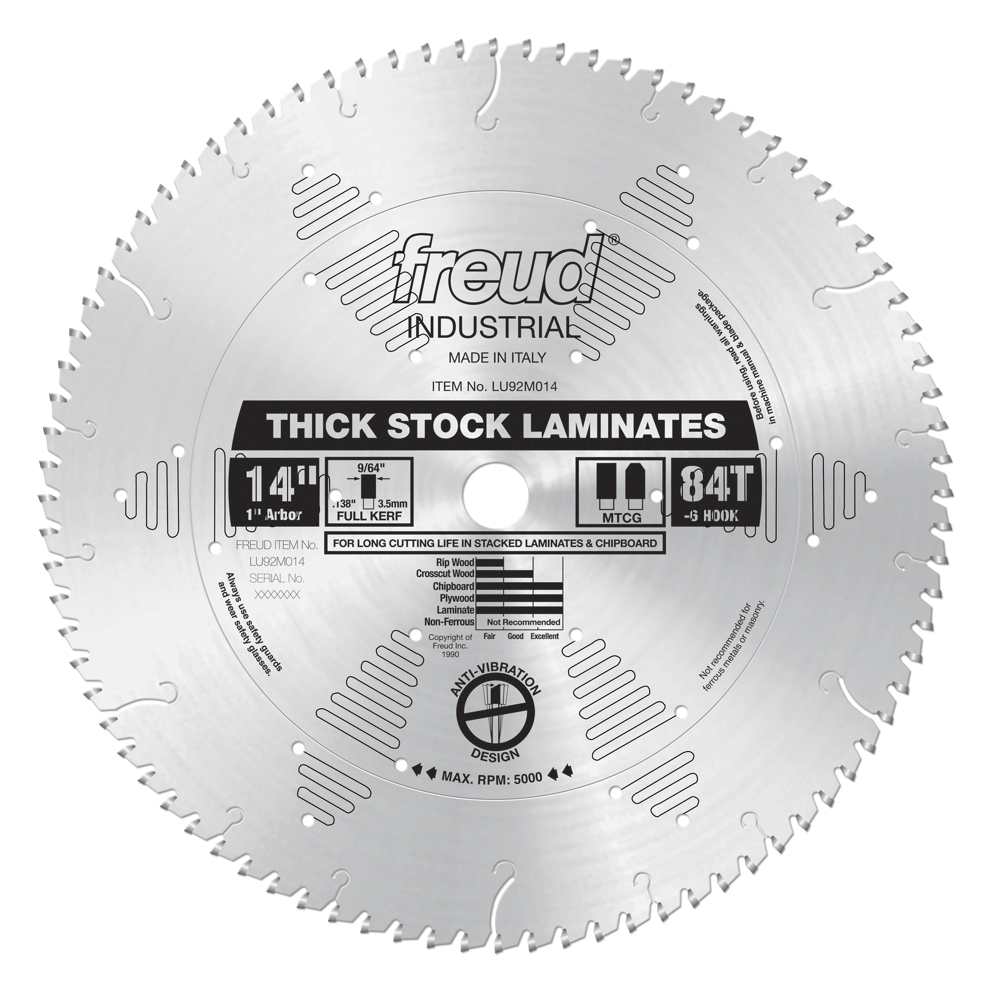 Freud 14" thick-stock laminate saw blade with 84 teeth, silver metal with markings and specifications printed on center label