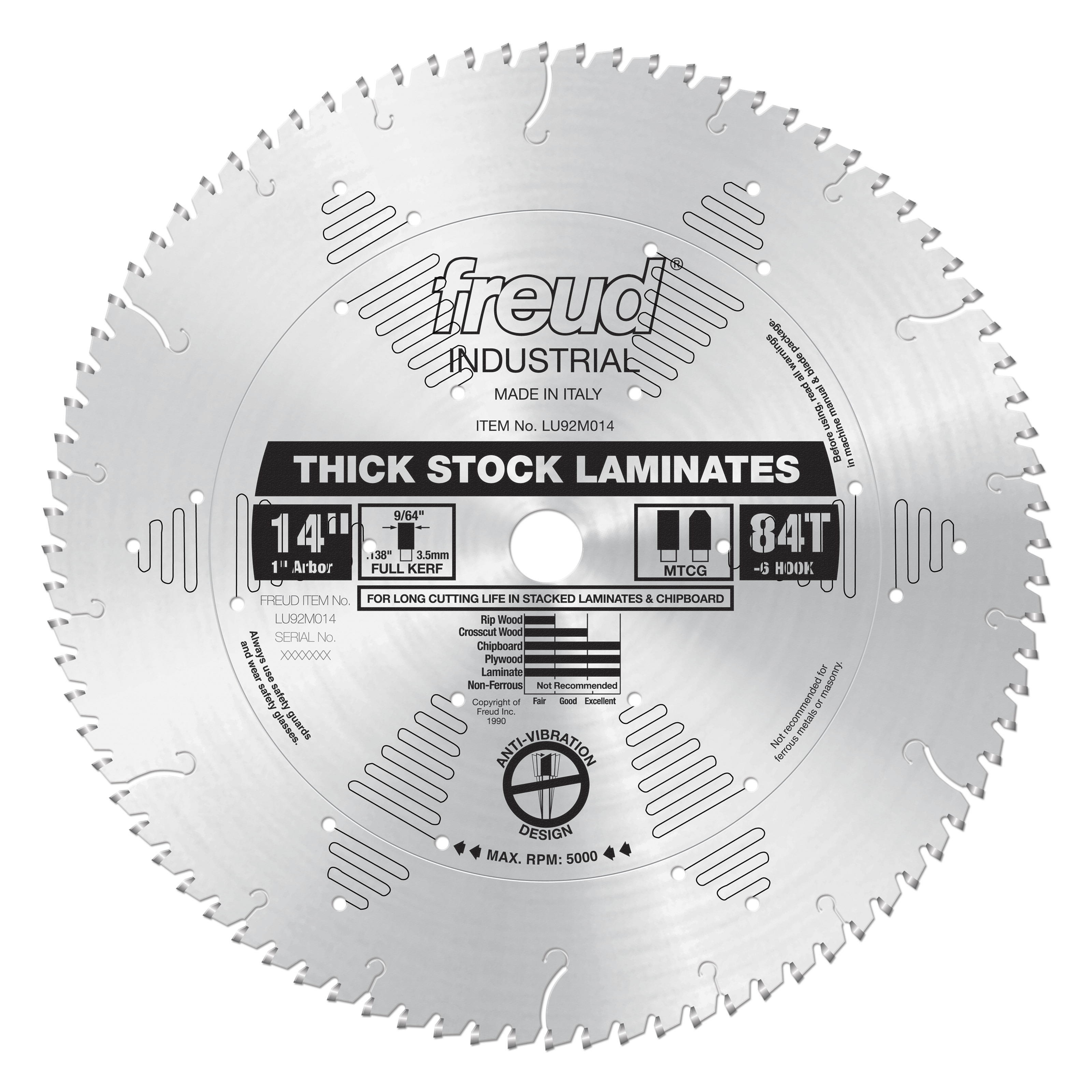 Freud 14" thick-stock laminate saw blade with 84 teeth, silver metal with markings and specifications printed on center label