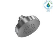 Polished chrome round shower head with spray nozzles and mounting arm.