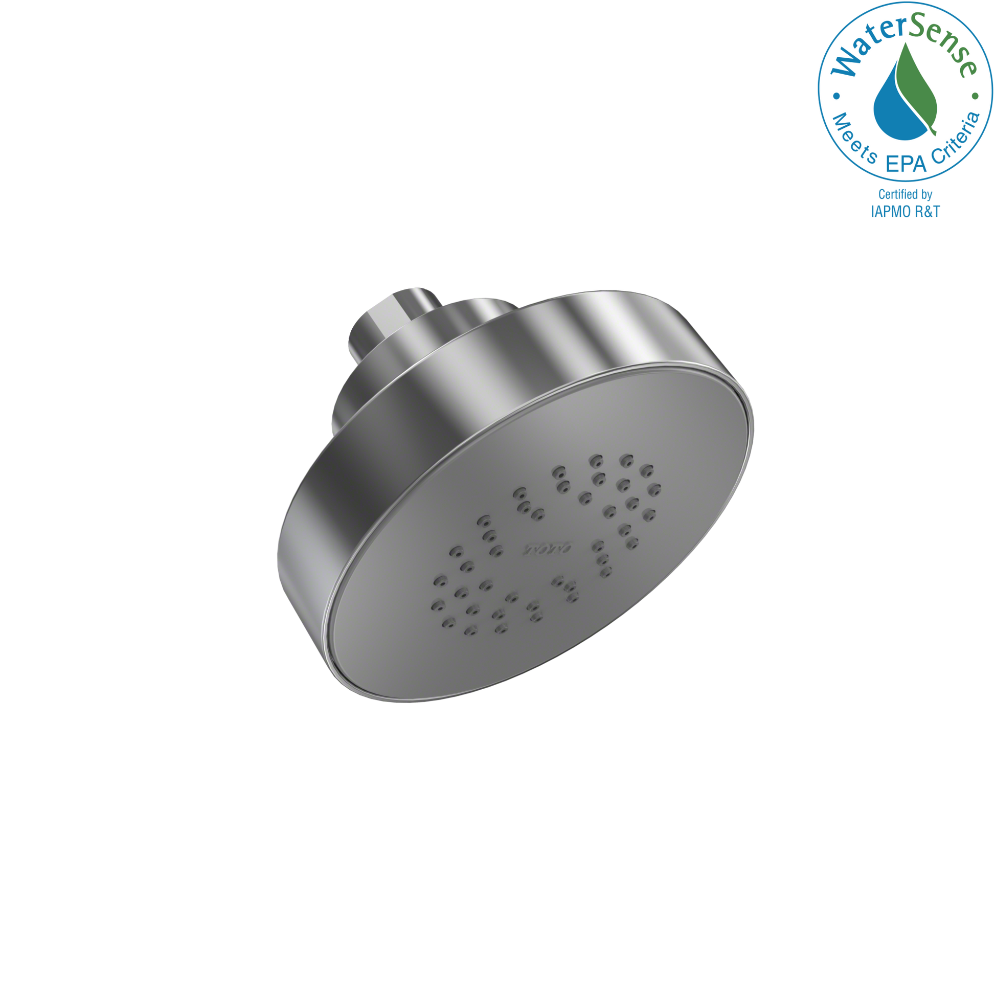 Polished chrome round shower head with spray nozzles and mounting arm.