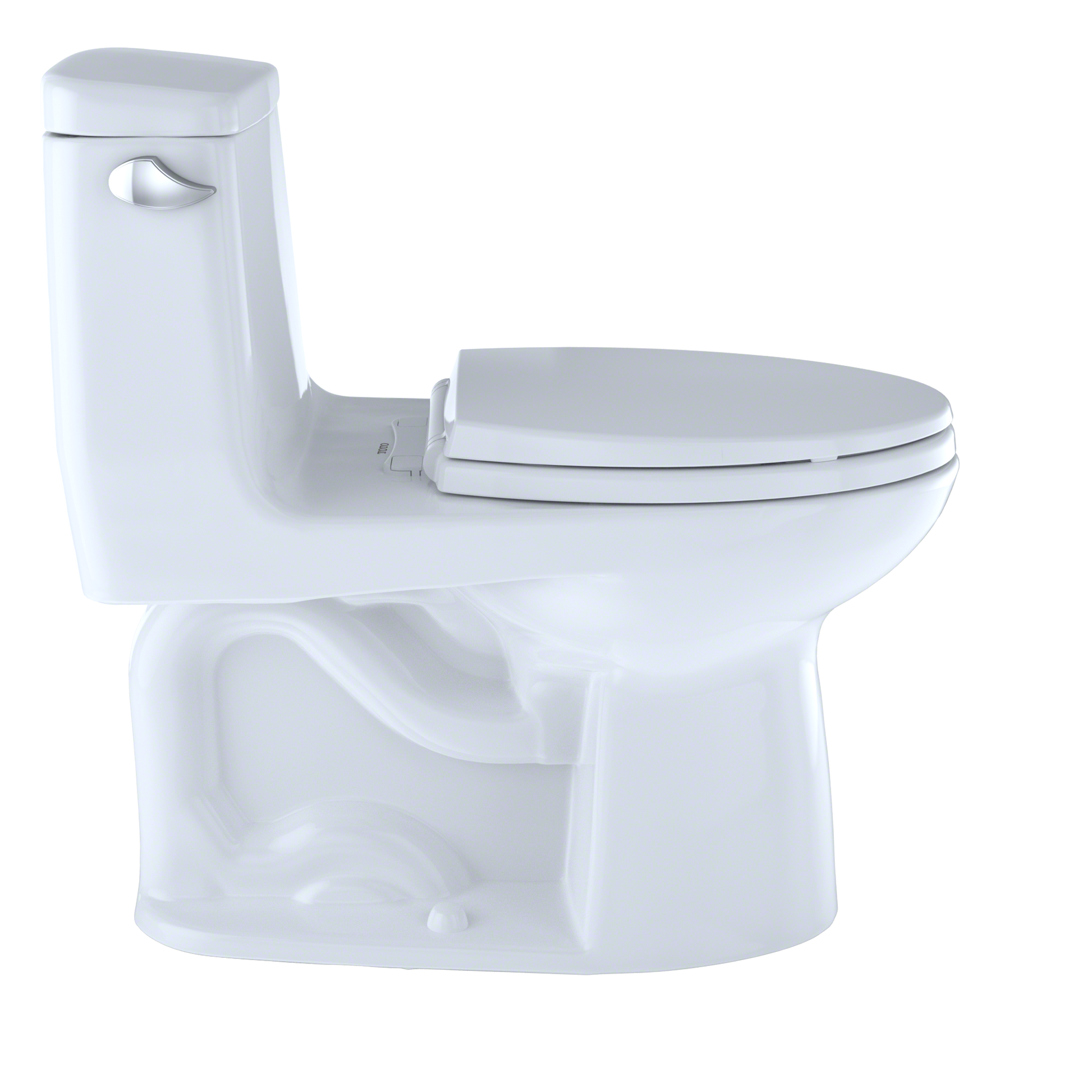 White one-piece elongated toilet with soft-close seat and integrated tank.