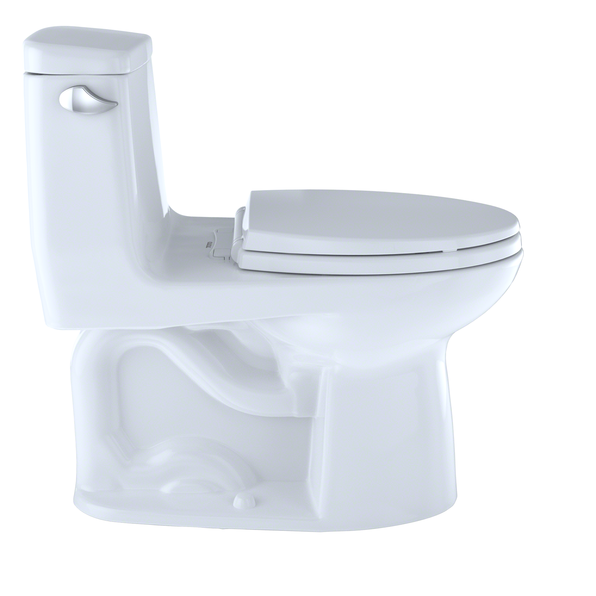 White one-piece elongated toilet with soft-close seat and integrated tank.
