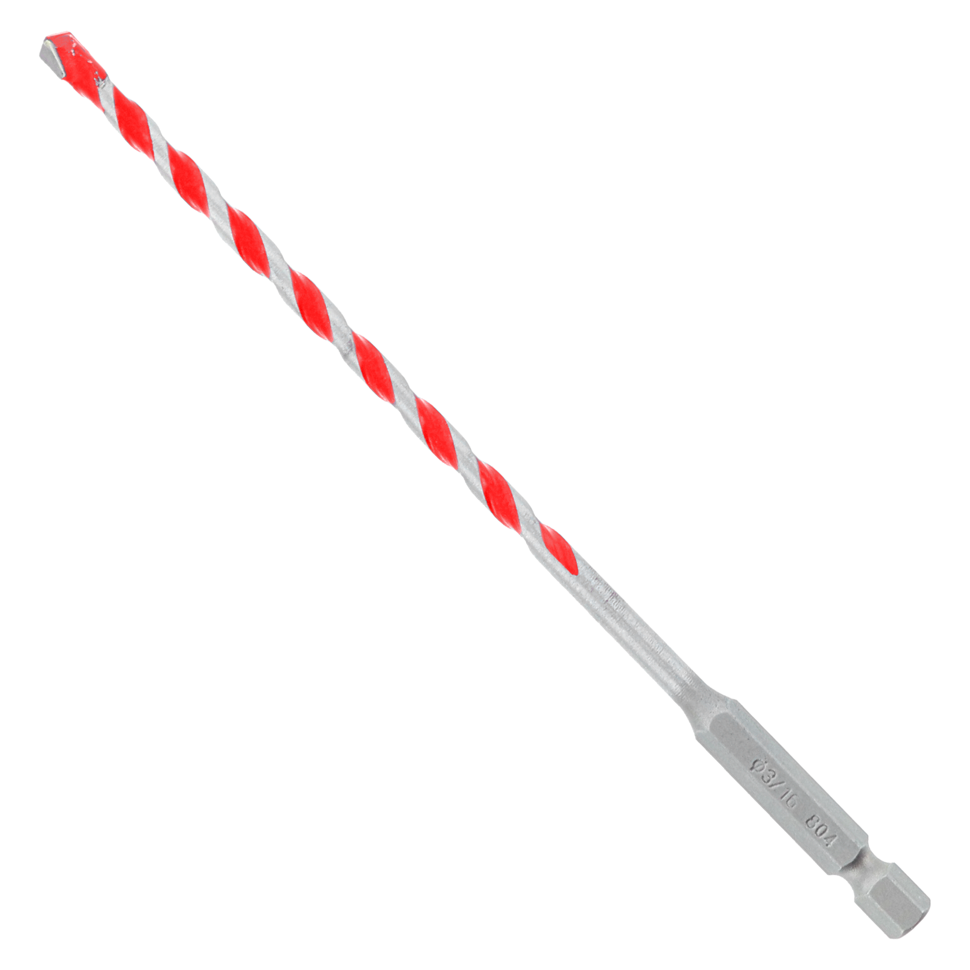 Red and gray spiral hammer drill bit with carbide tip and hexagonal shank.