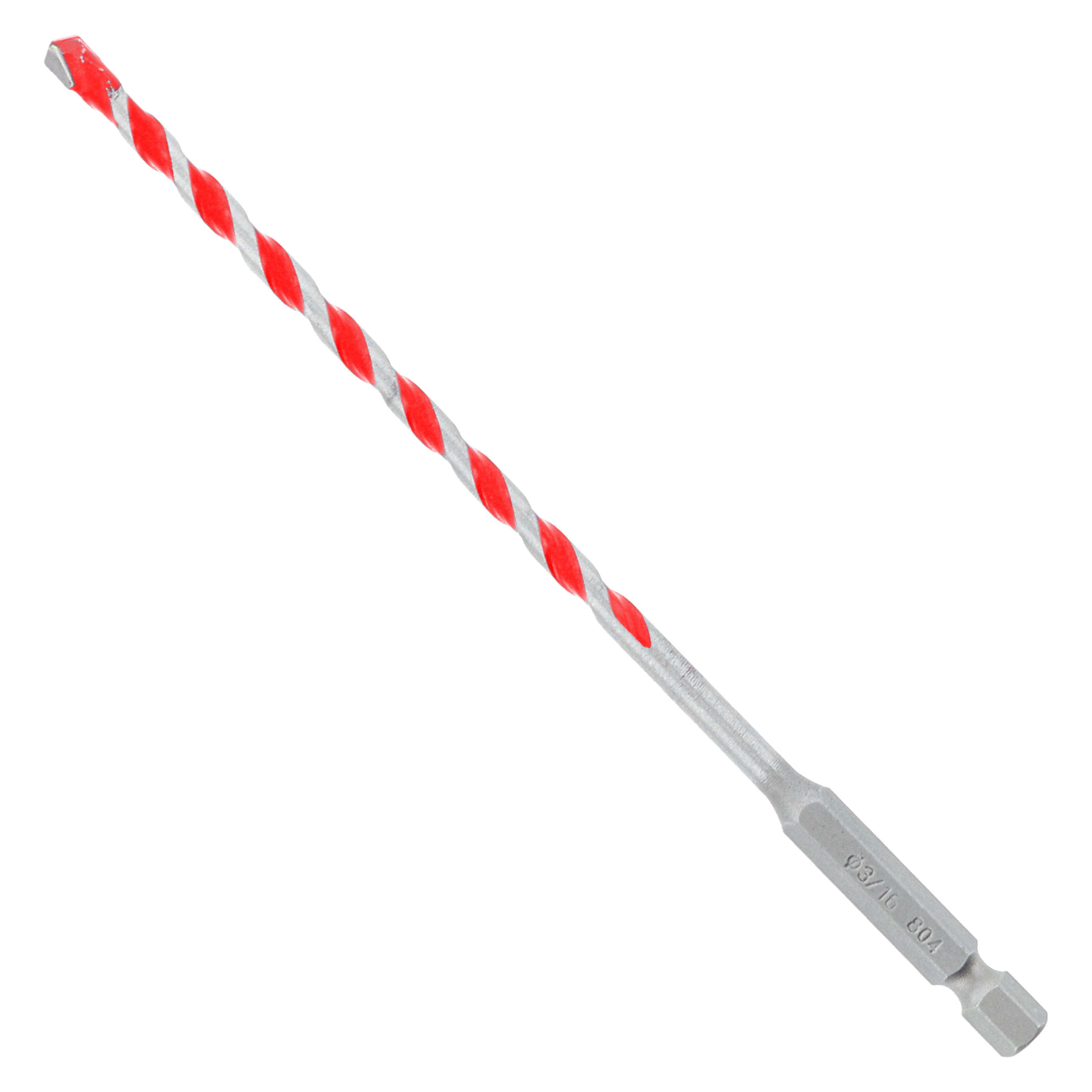 Red and gray spiral hammer drill bit with carbide tip and hexagonal shank.