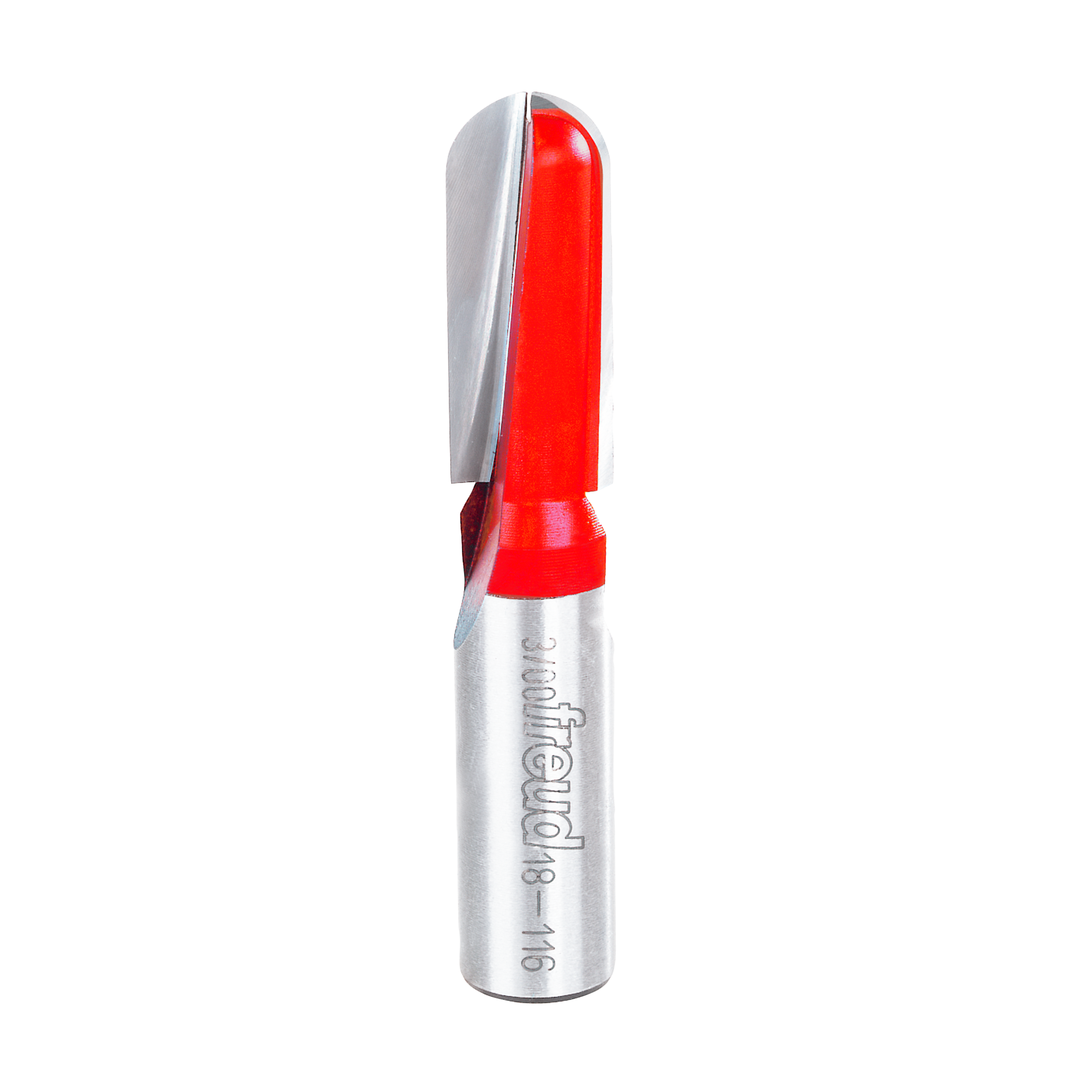 Freud round nose router bit with 1/4" radius, red plastic body and silver metal shank.