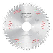 Circular saw blade with carbide-tipped teeth, center arbor hole, and red cutting line markings on silver steel surface.