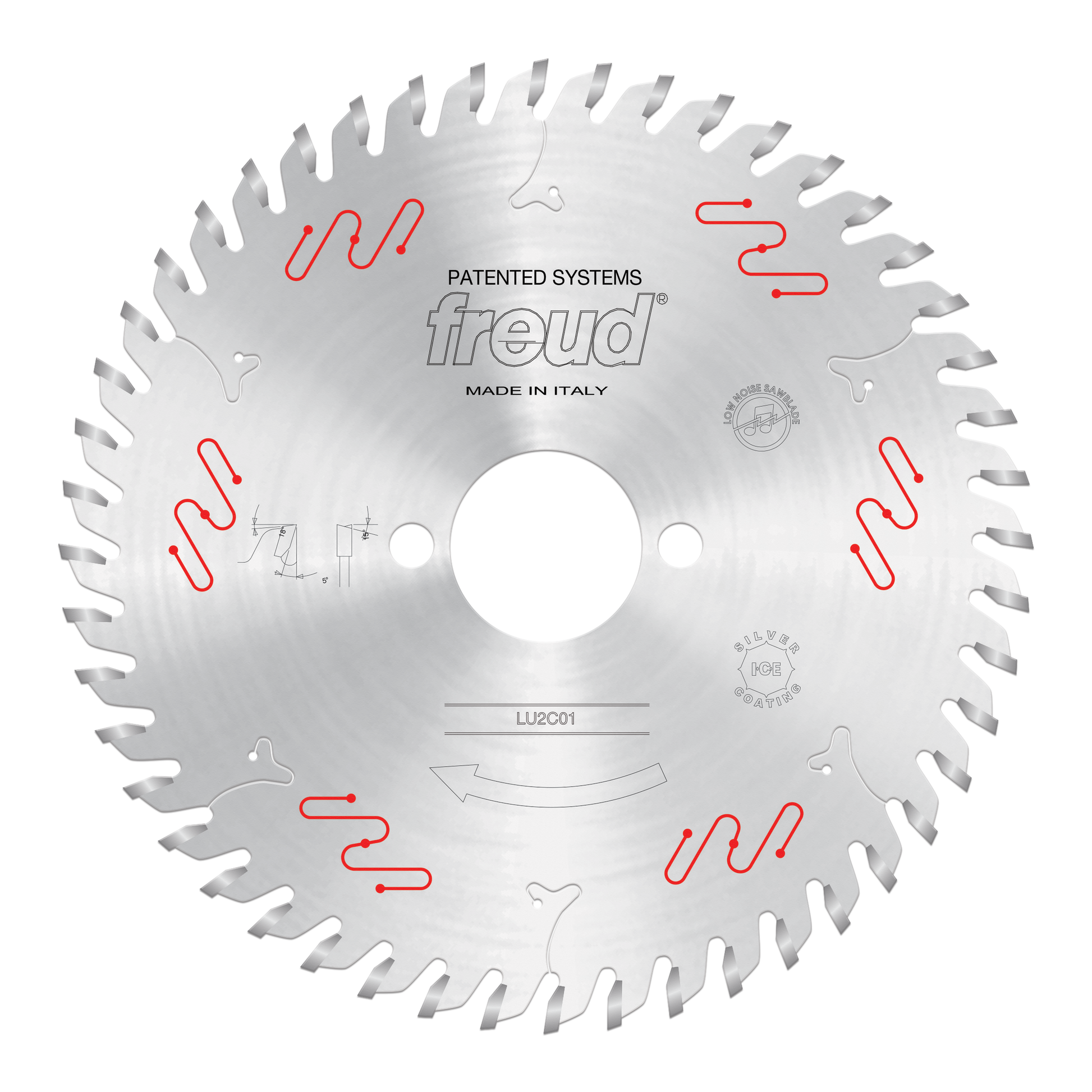 Circular saw blade with carbide-tipped teeth, center arbor hole, and red cutting line markings on silver steel surface.