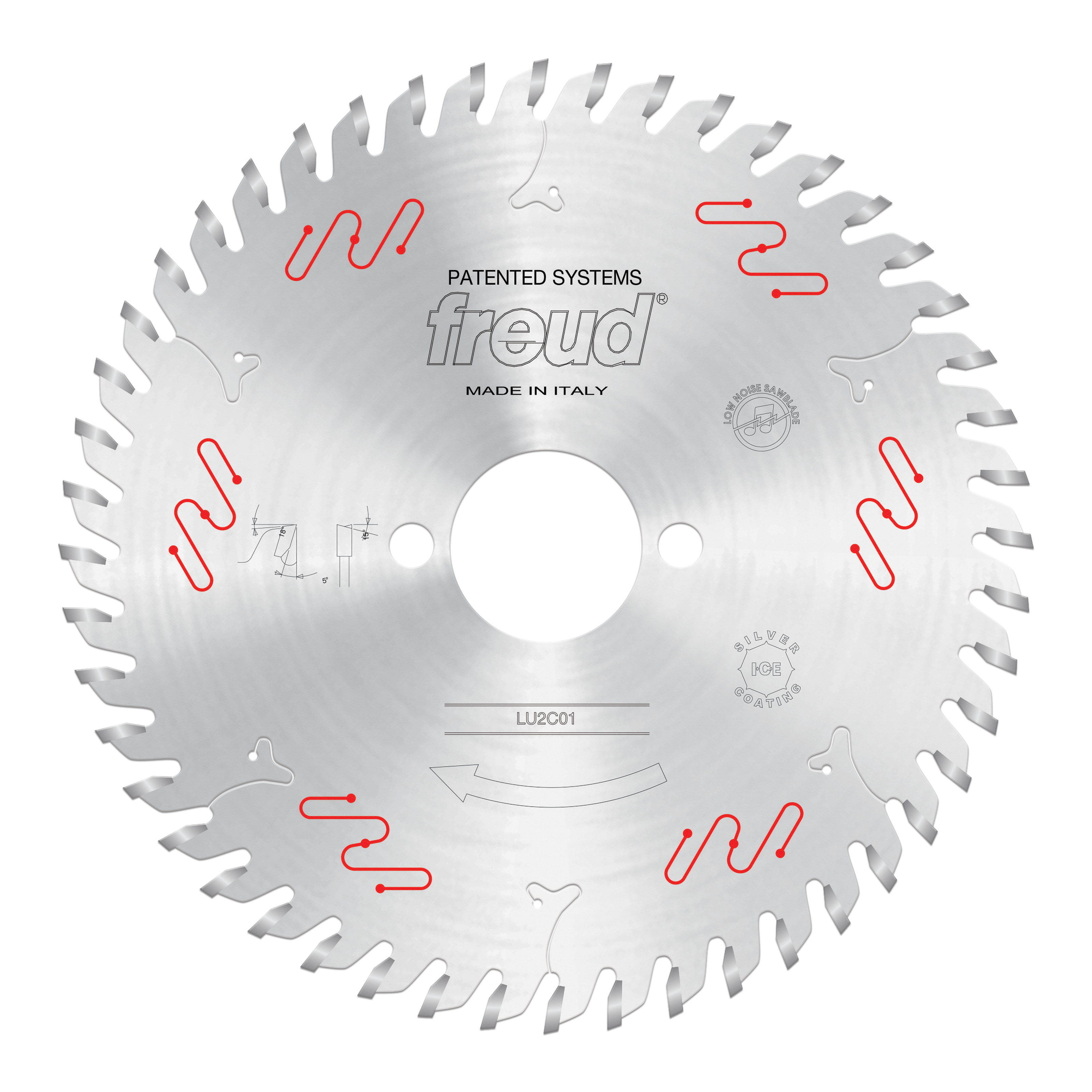 Circular saw blade with carbide-tipped teeth, center arbor hole, and red cutting line markings on silver steel surface.