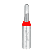 Silver metal router bit with rounded nose end and red band near the shank, marked with Freud branding.