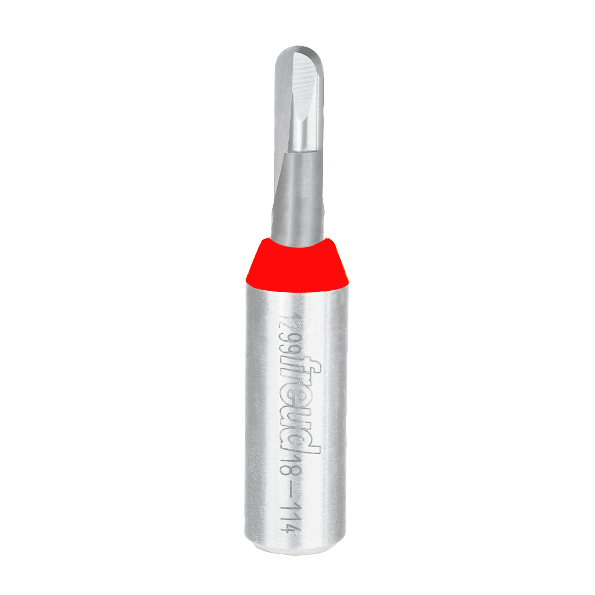 Silver metal router bit with rounded nose end and red band near the shank, marked with Freud branding.